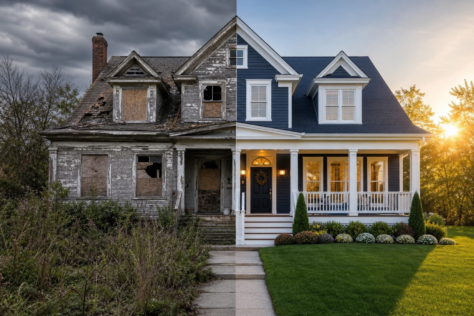 Side-by-side comparison of a house before and after renovation. The left side shows an old, dilapidated house with peeling paint, boarded-up windows, and a damaged roof. The right side features a fully renovated house with fresh blue exterior siding, white trim, and well-maintained porch, with the sun setting in the background.