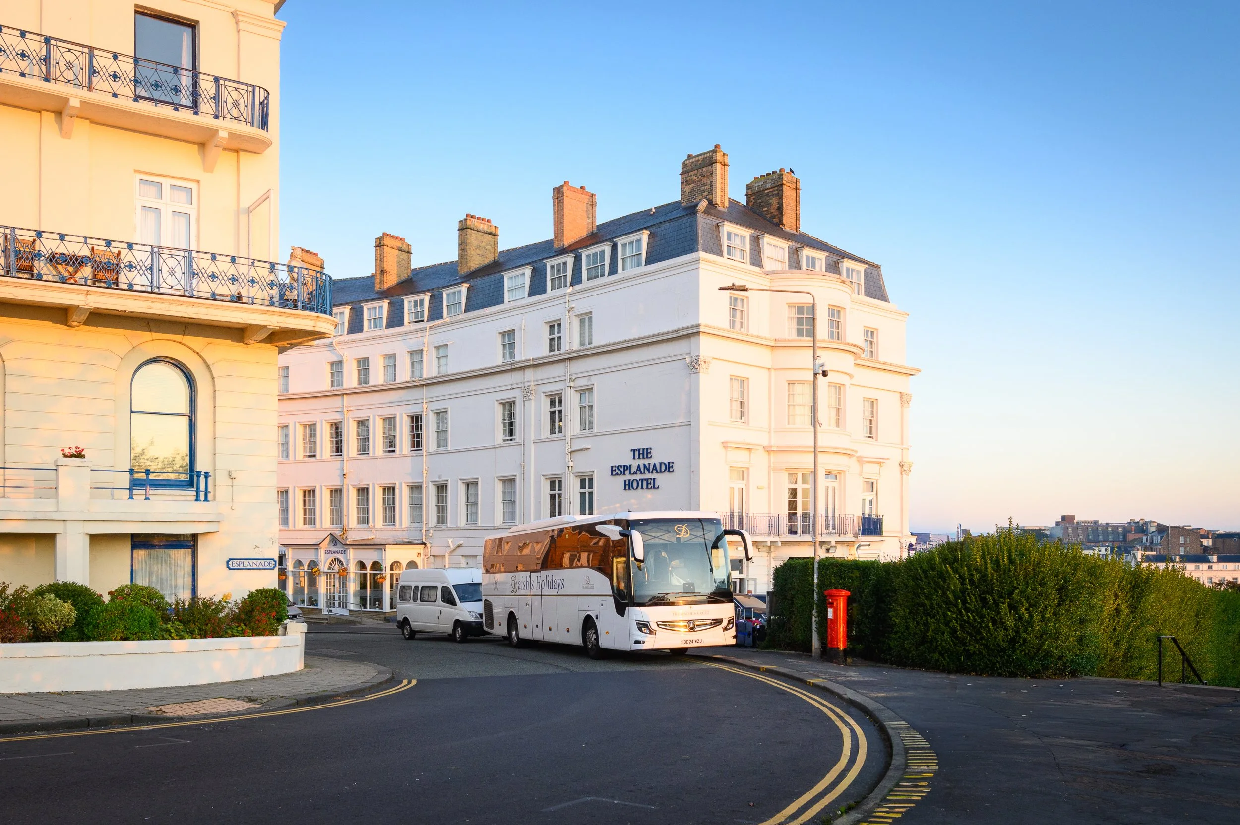 Exterior view of the Esplanade Hotel overlooking Scarborough South Bay and the Yorkshire coastline.