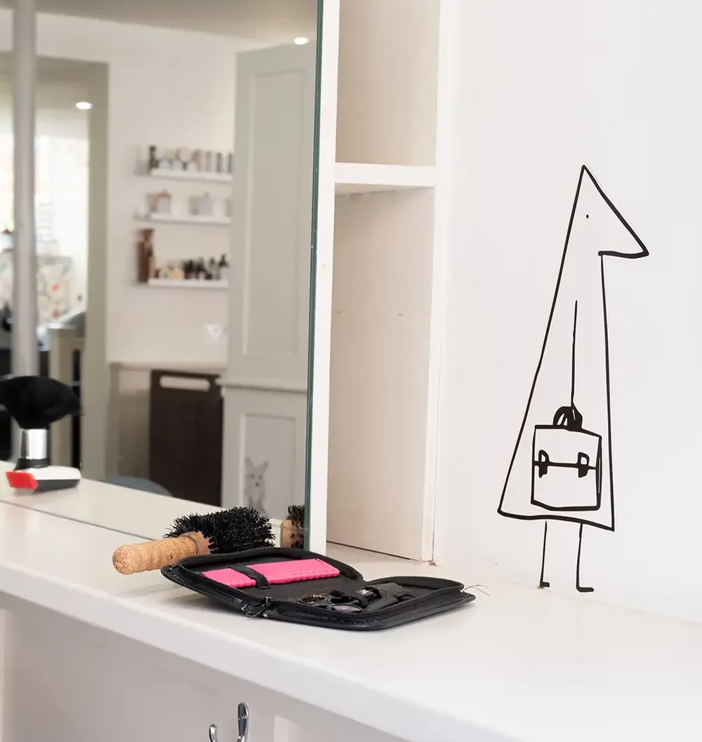 Hair styling tools on a salon station at Albert Fields, with playful wall art adding character to the boutique salon interior