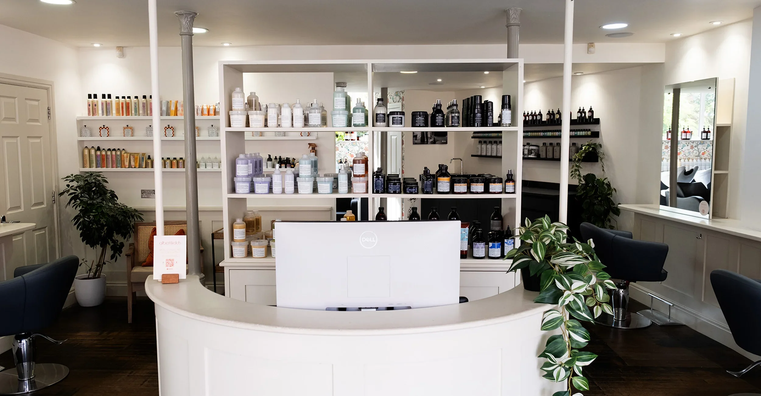 Albert Fields reception, shelves filled with Davines hair care products, and plants for decoration.