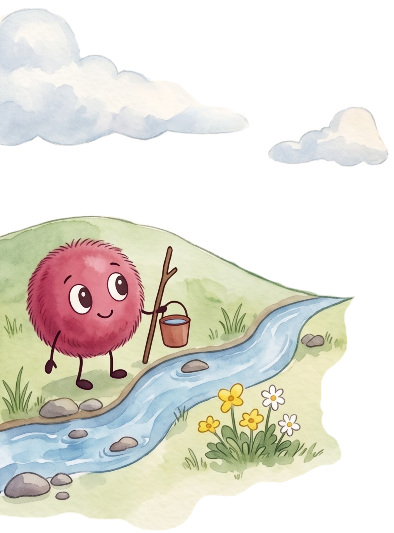 A cartoon illustration of a fluffy pink creature with big eyes, standing on grass near a stream, holding a stick with a bucket of water, surrounded by flowers and rocks in a nature scene.