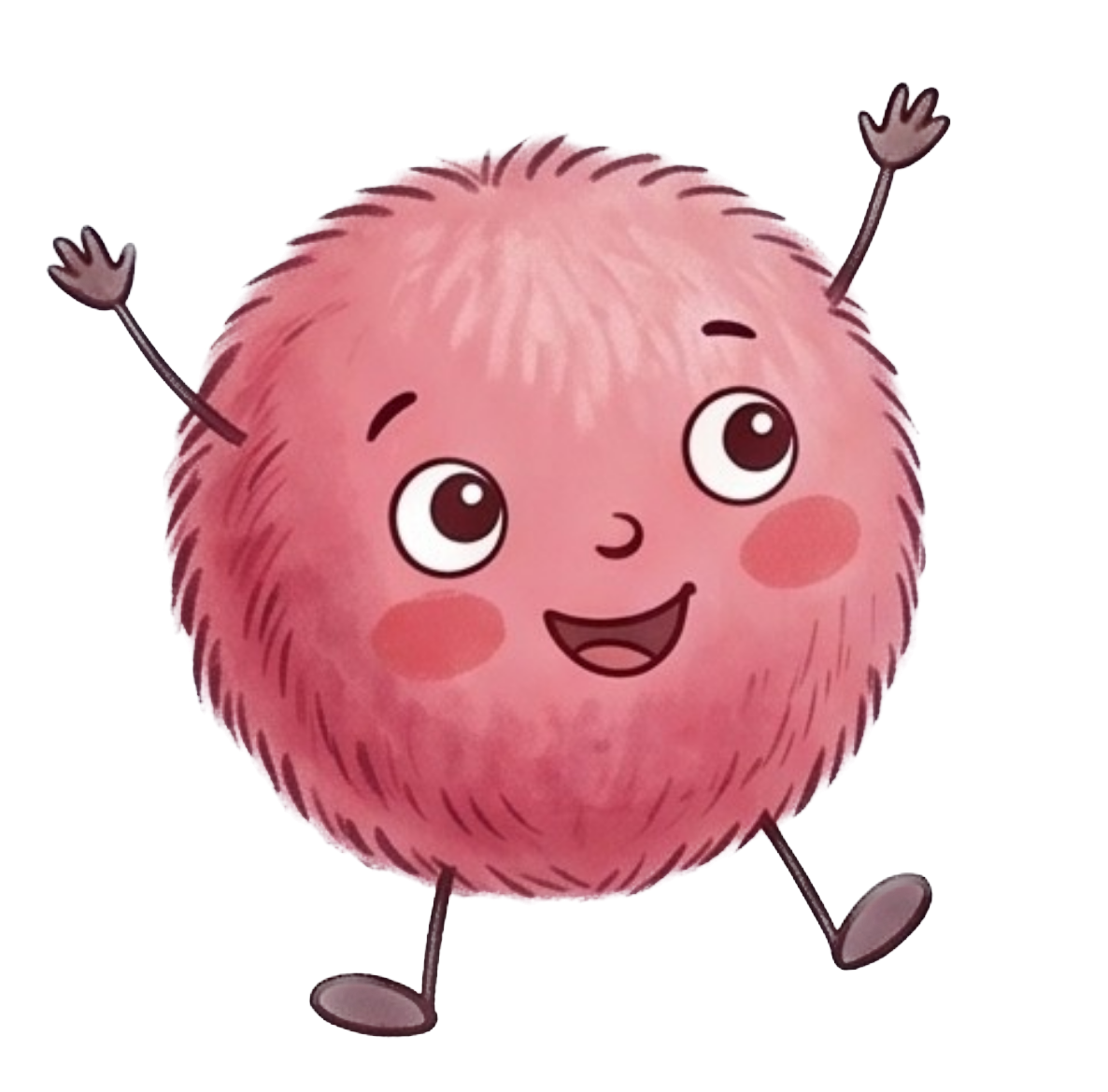 Cartoon illustration of a happy pink fluffy ball with arms, legs, big eyes, smiling face, and blushing cheeks, expressing joy.