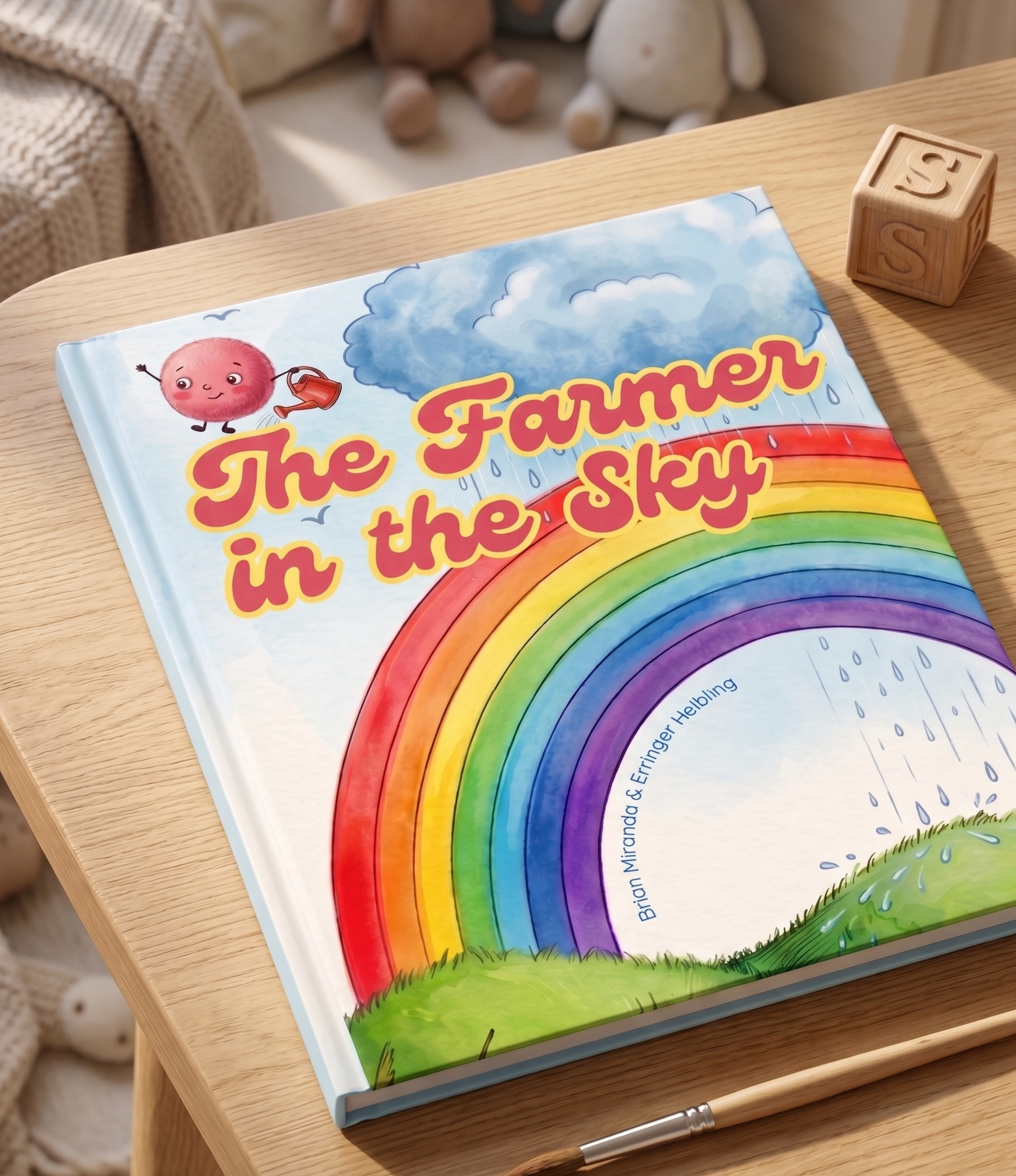Children's book titled 'The Farmer in the Sky' featuring an illustration of a rainbow and rain, with a cloud showing raindrops, and a grassy field at the bottom.