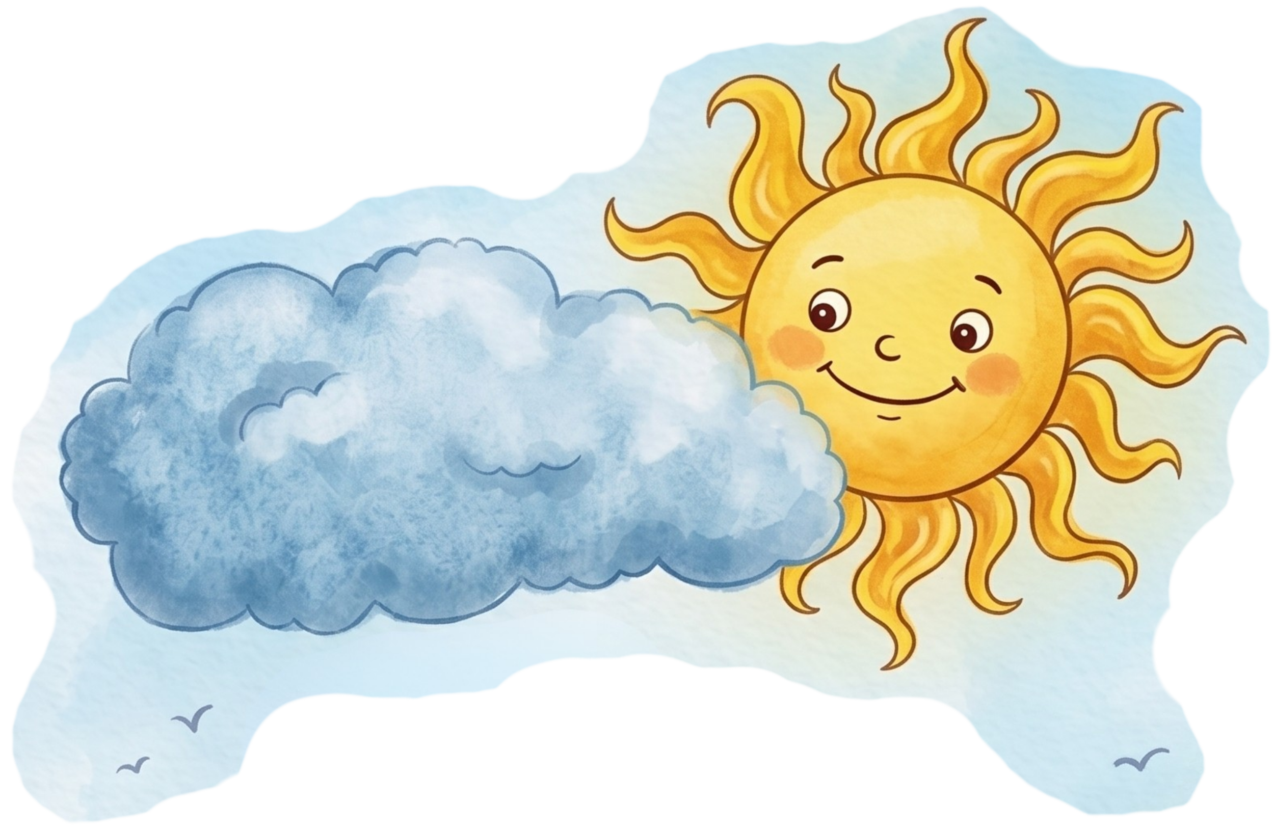 A cheerful cartoon sun with a smiling face, rosy cheeks, and wavy rays shining behind a fluffy blue cloud in the sky.