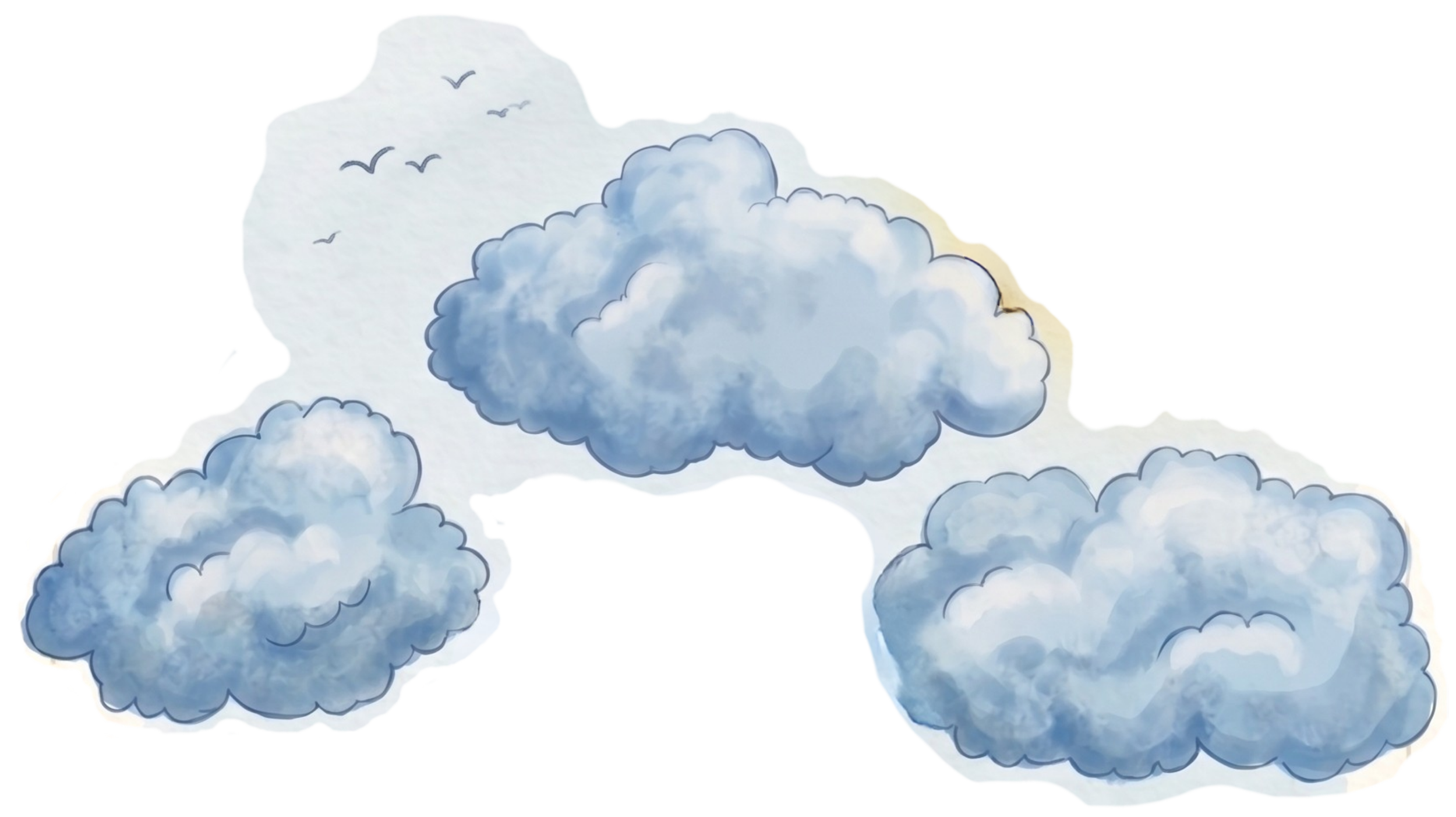 Multiple fluffy white and light blue clouds in the sky with a few small birds flying.