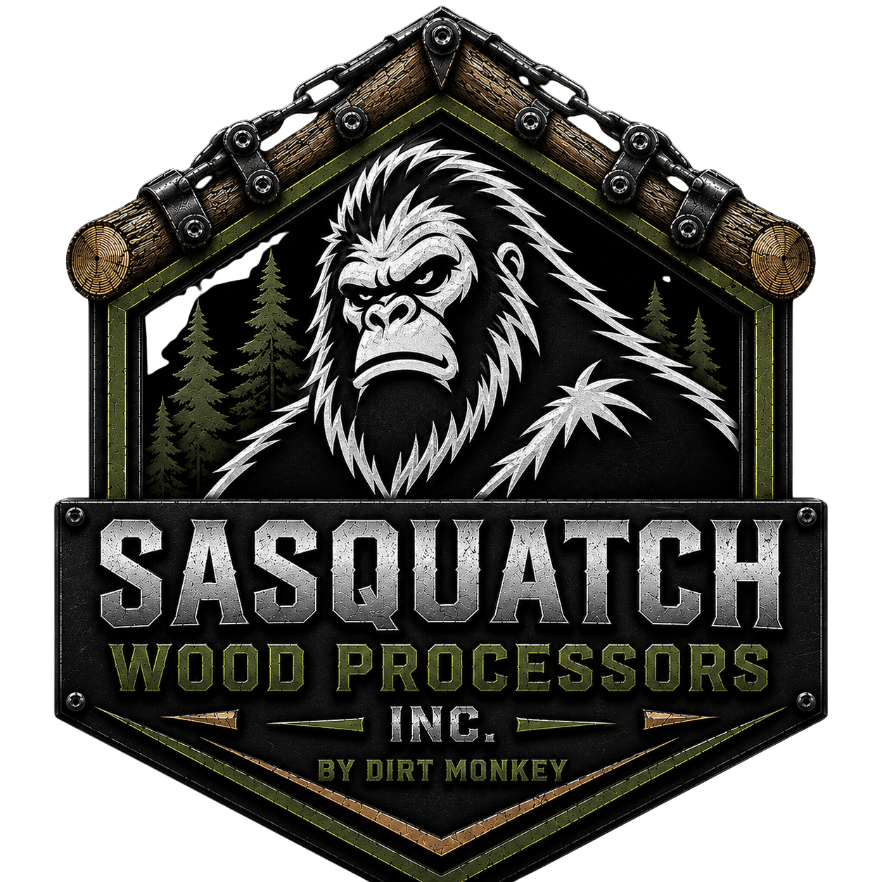 Logo for Sasquatch Wood Processors Inc., featuring a stylized illustration of a gorilla or Sasquatch with a stern expression, pine trees in the background, and a border made of wood logs and chains, with the company name and tagline.