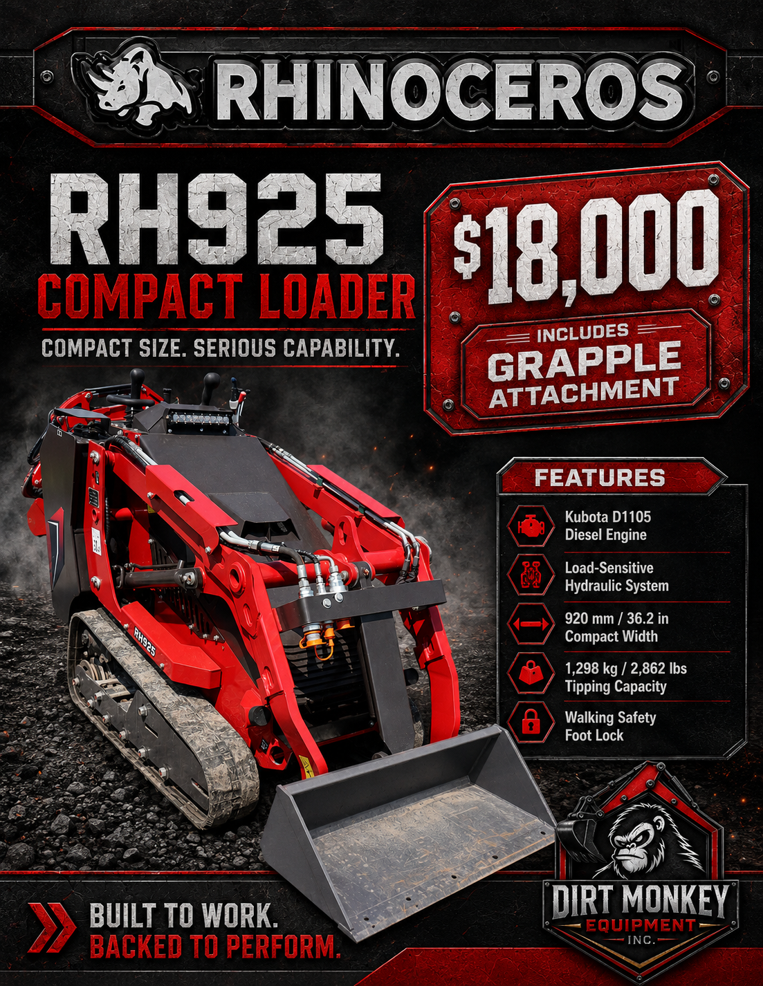 Red and black compact loader with a grapple attachment from Dirt Monkey Equipment, featuring a Kubota D1105 diesel engine, hydraulic system, and safety features, advertised at $18,000.