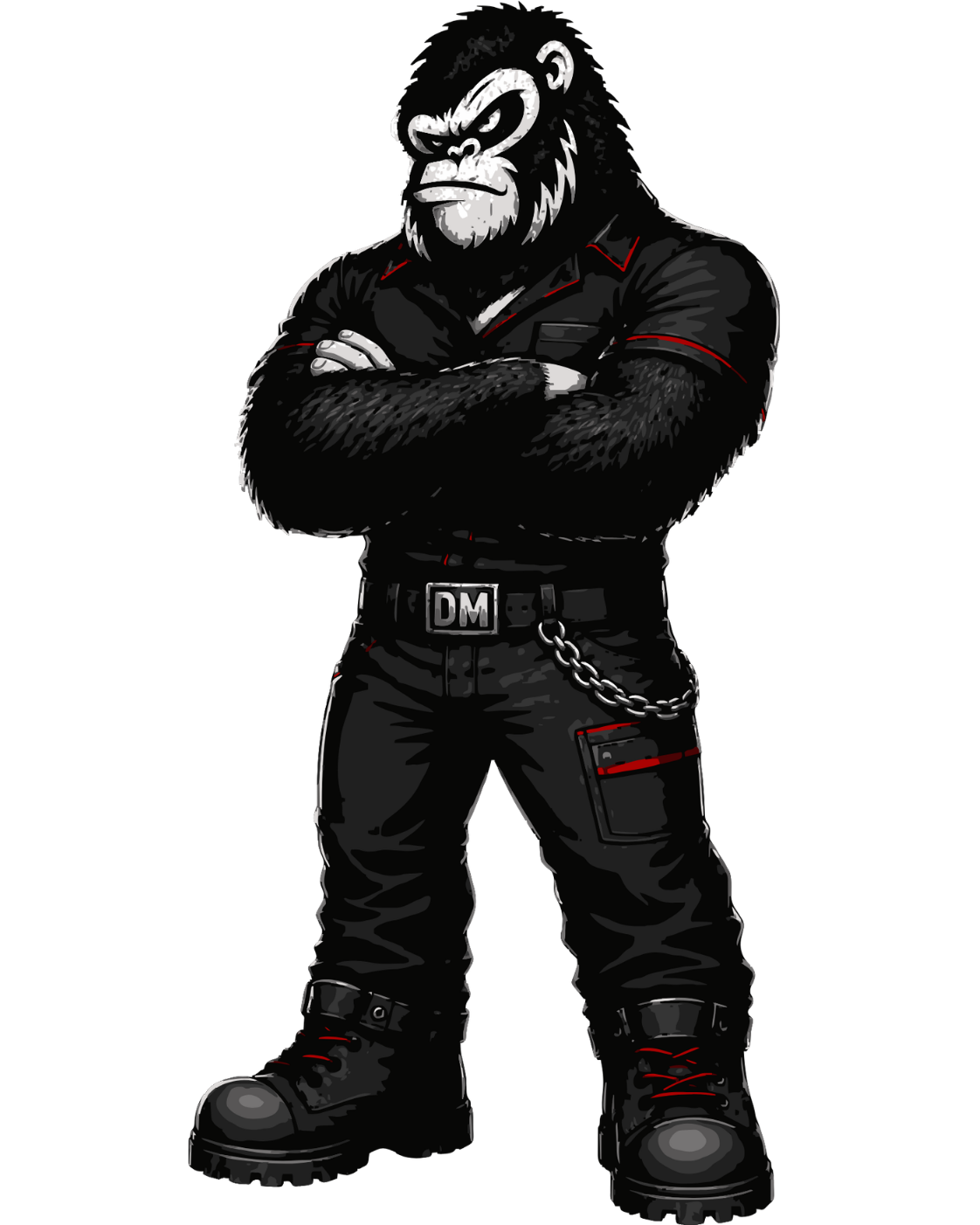 Cartoon gorilla with crossed arms wearing black tactical clothing, boots, and a belt with the initials 'DM' on a buckle.