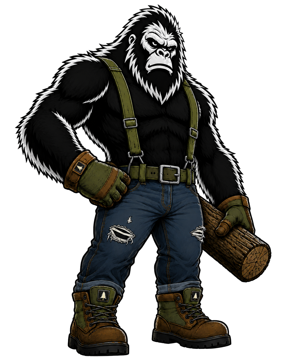 A muscular humanoid gorilla with a serious expression, dressed in blue ripped jeans, green suspenders, gloves, and combat boots, holding a large log.