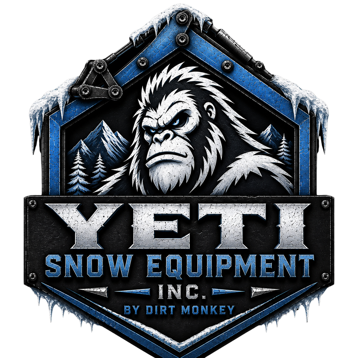 Logo for Yeti Snow Equipment Inc., featuring a fierce gorilla with a mountain and pine trees in the background, styled with icy and snowy elements.