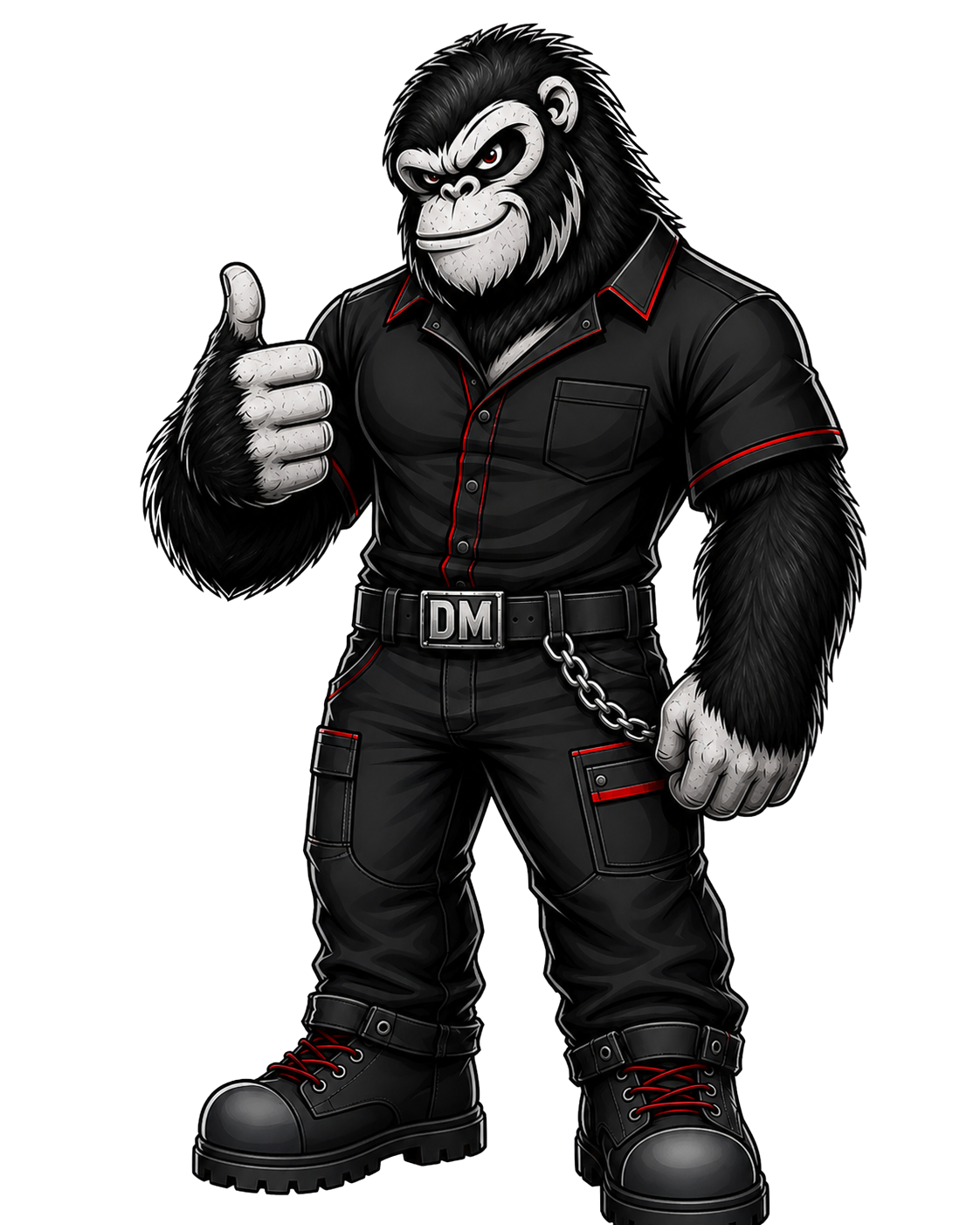 An anthropomorphic gorilla dressed in black tactical clothing, giving a thumbs up, wearing combat boots, with a chain attached to a belt buckle labeled 'DM'.