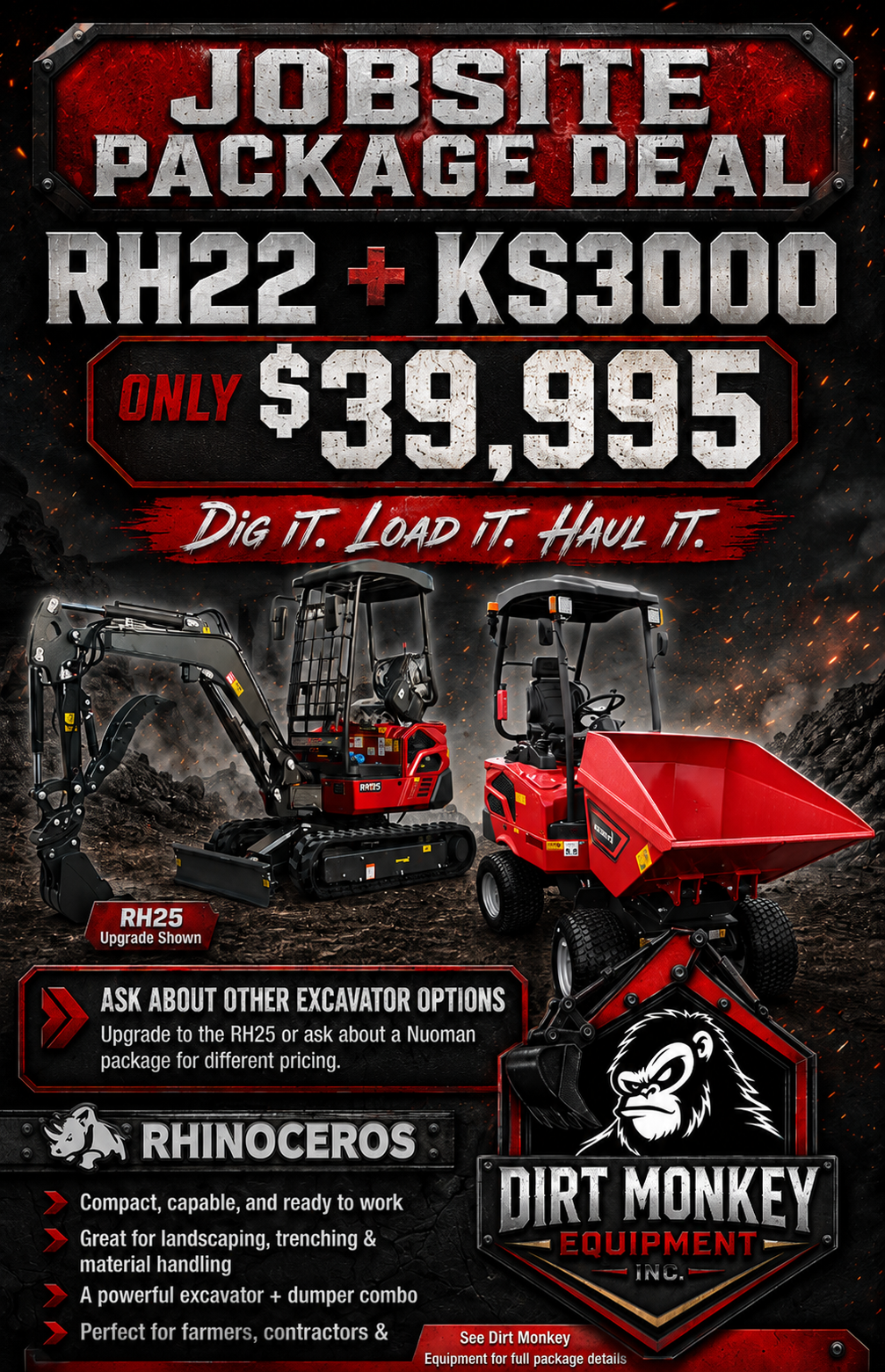 Advertisement for a job site package deal on compact excavators and dumpers, with images of two red and black construction machines and company branding.