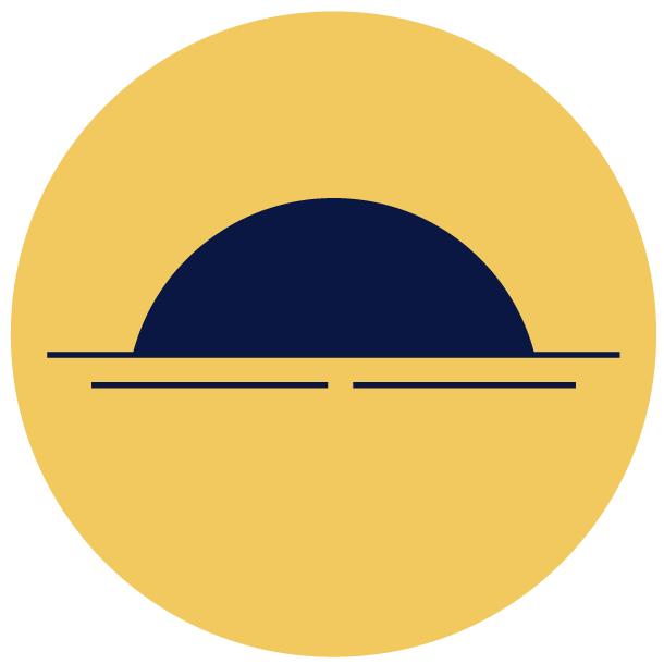 Stylized graphic of a sunset or sunrise over water with a navy semi-circle representing the sun and two parallel lines depicting the horizon, on a yellow circular background.