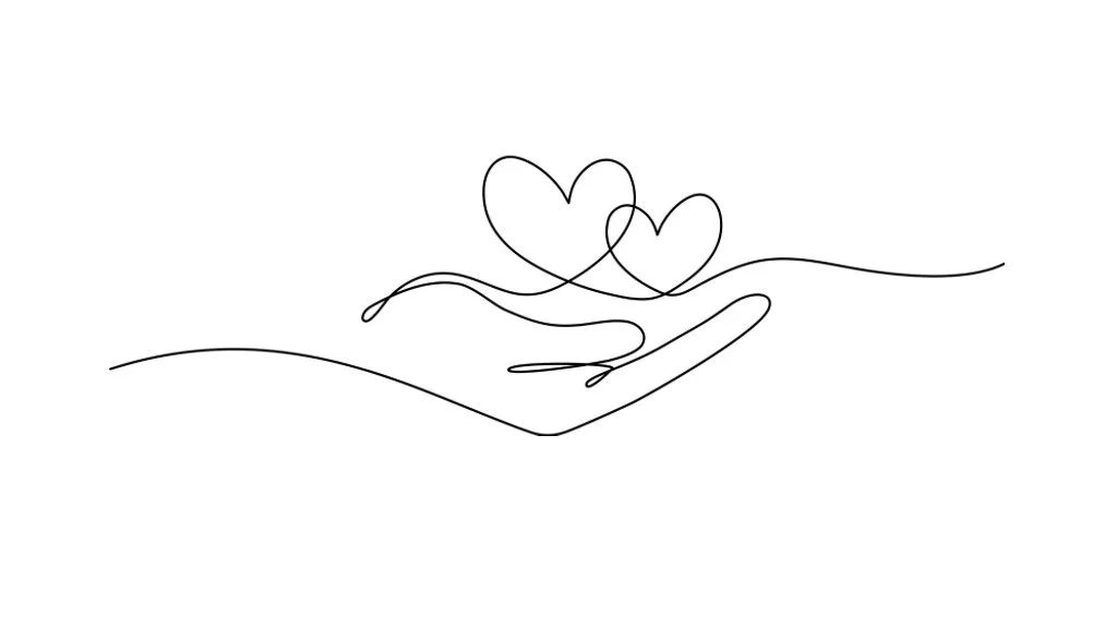 Dibujo de una mano en línea continua sosteniendo dos corazones.