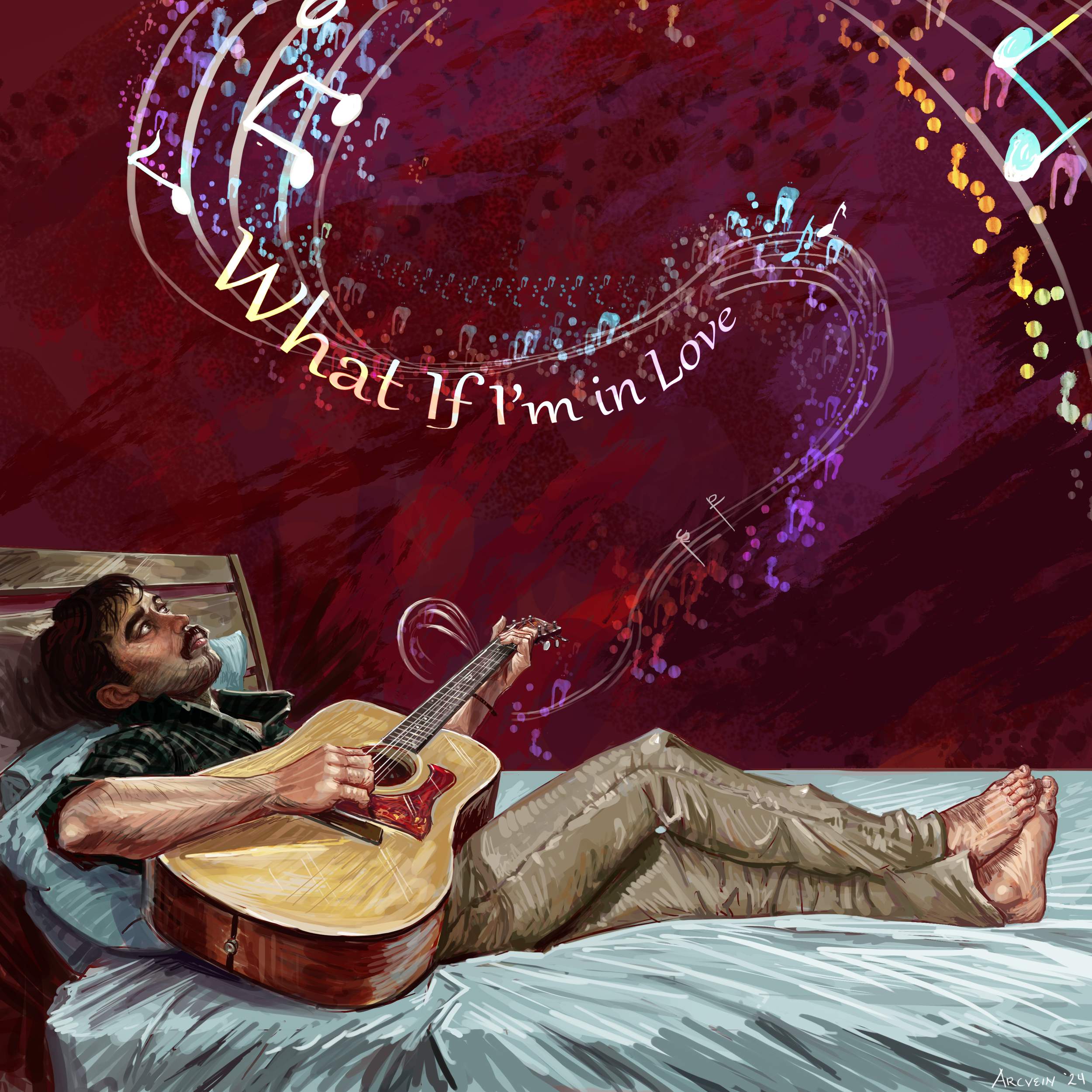 A digital painting of a man lying on the floor playing an acoustic guitar with a joyful expression. The scene is set against a dark red background with colorful abstract musical notes and lines swirling around, creating a lively atmosphere.