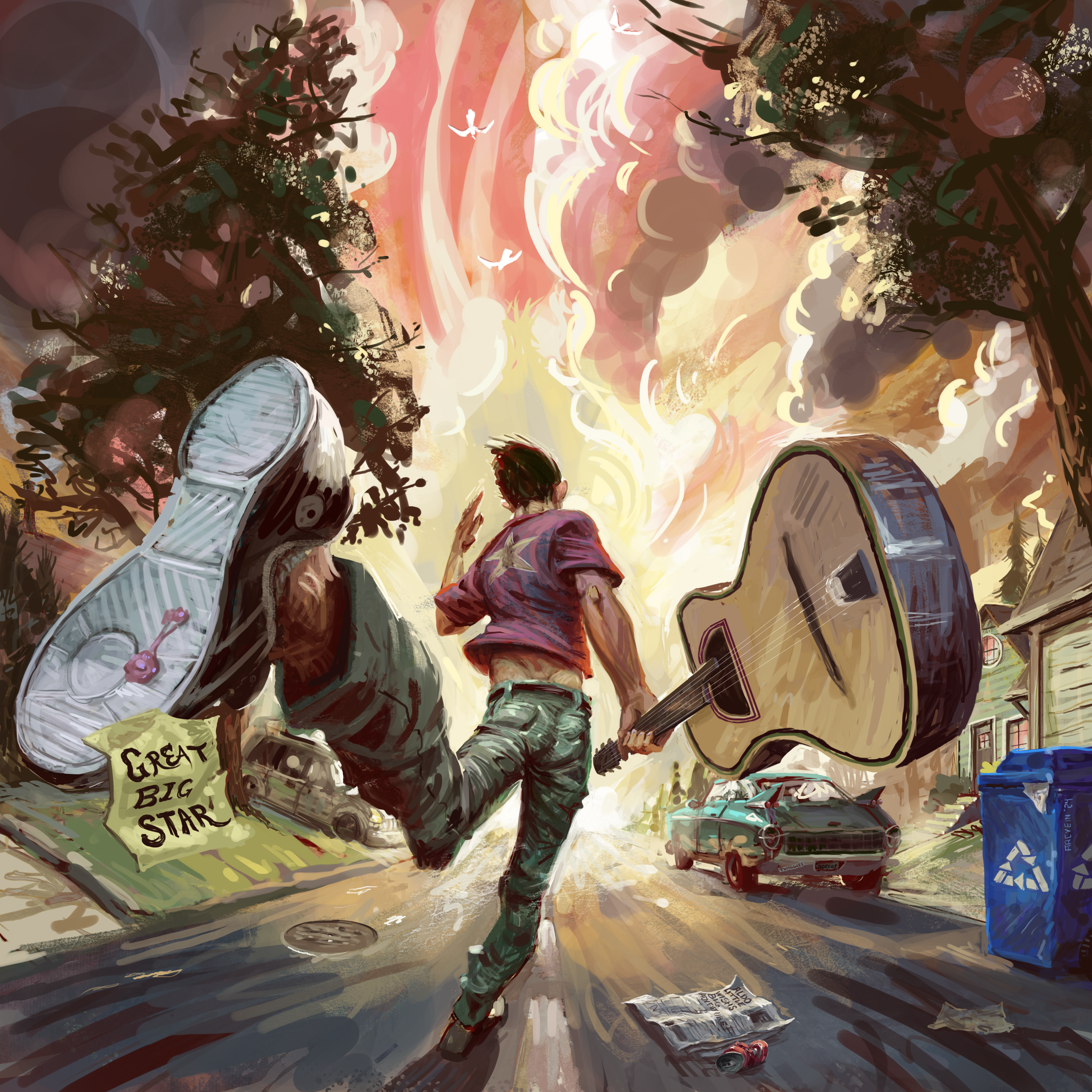 A man running down a city street at night, with a dog and a guitar, and scattered trash and papers on the ground.
