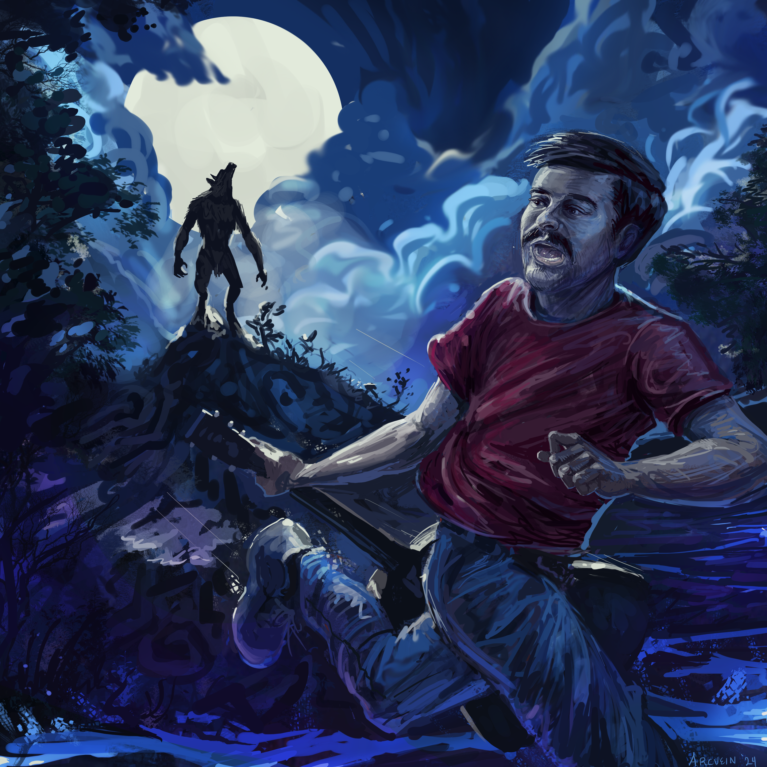 A surreal digital artwork depicting a night scene with a large bright full moon in the sky, surrounded by dark clouds. In the foreground, a man with dark hair wearing a red shirt appears to be shouting. To the left, a humanoid figure with a wolf-like appearance stands on a rocky ledge, overlooking the scene. The scene is framed by dark, dense forest foliage with branches and leaves, giving a mysterious and intense atmosphere.
