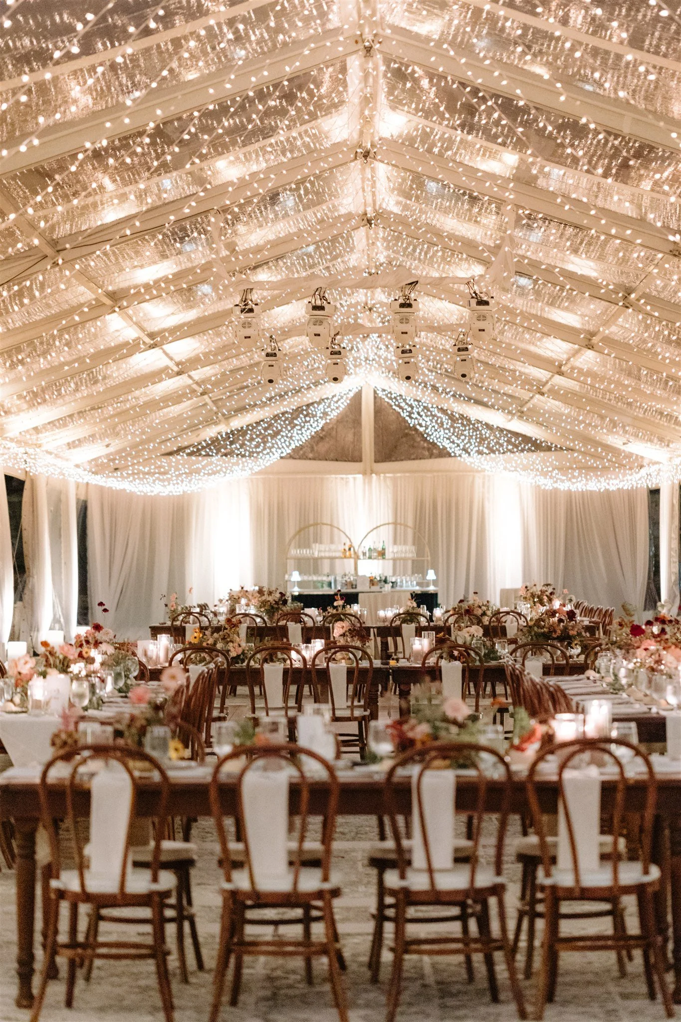 farmhouse tables and bentwood chairs at a wedding in vizcaya gardens