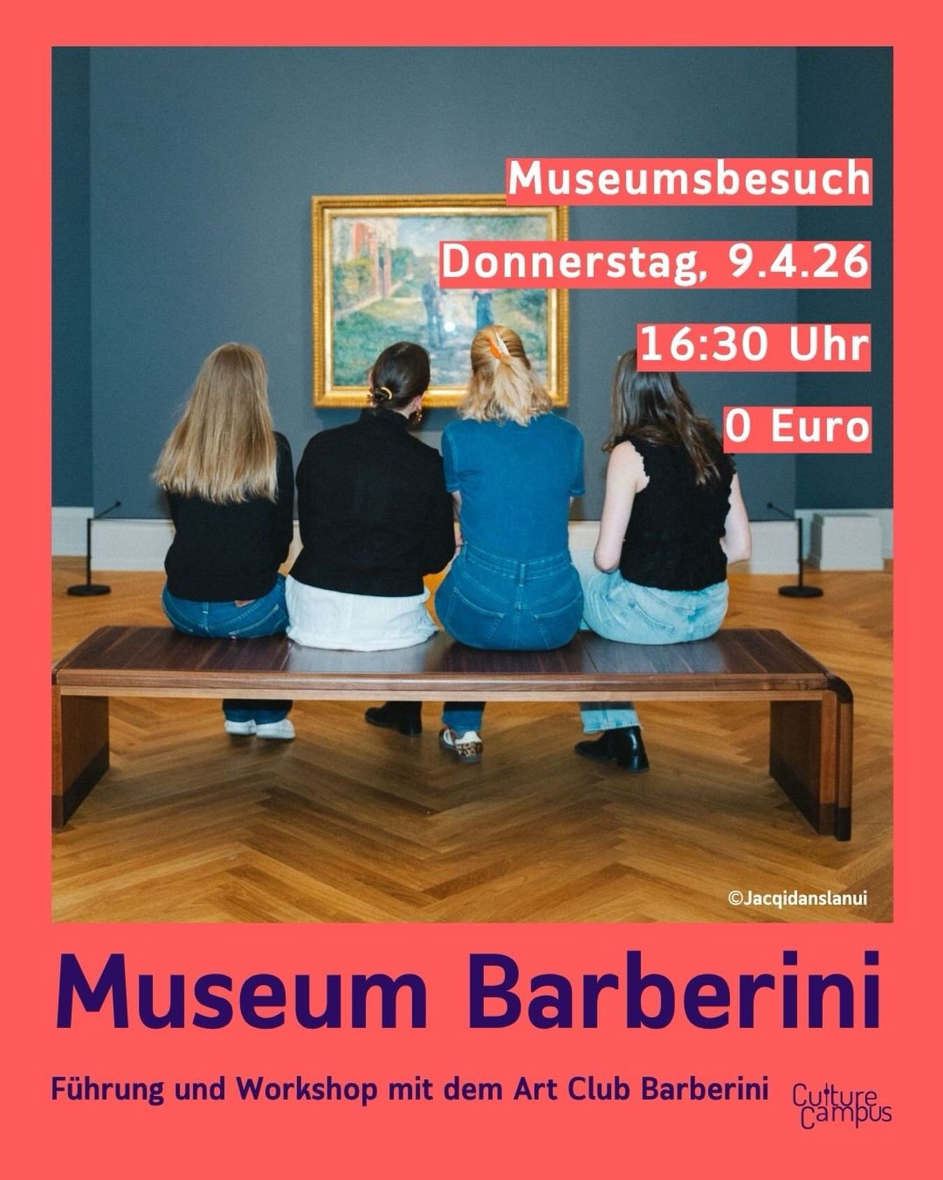 WAS: Ausstellung &bdquo;Avantgarde. Max Liebermann und der Impressionismus in Deutschland&ldquo;
WANN: 09.04.2026 um 16:30
WO: Museum Barberini (Zugang auf der Wasserseite) 
WIE VIEL: kostenlose Anmeldung 
ANMELDUNG: Vollen Namen an ccreservierungen@