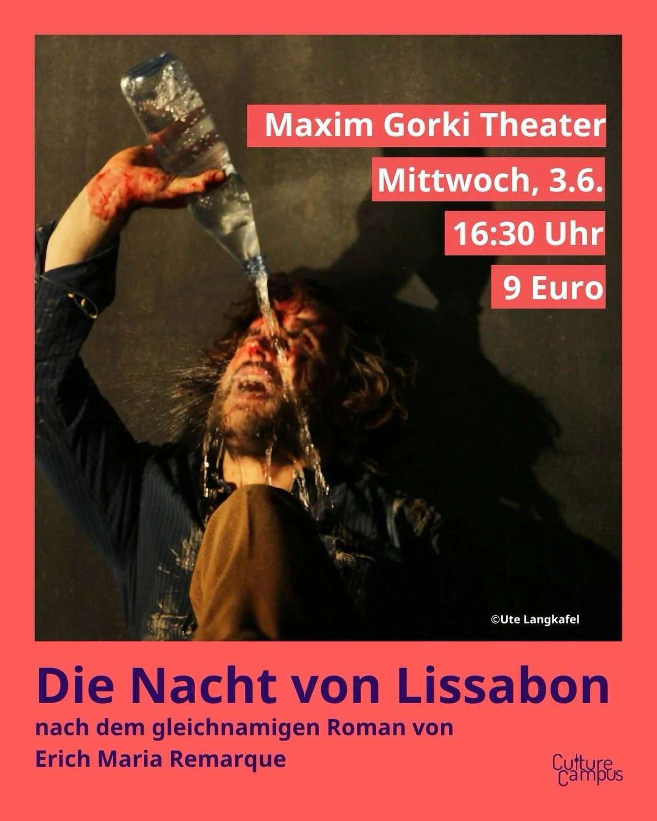 WAS: Theater &bdquo;Derniere: Die Nacht von Lissabon&ldquo;
WANN: 3.6.26 um 16:30 Uhr 
WO: Maxim Gorki Theater
WIE VIEL: 9&euro; 
ANMELDUNG: Vollen Namen an ccreservierungen@gmail.com 
 
&ldquo;Die Nacht von Lissabon&rdquo; erz&auml;hlt von Helen und