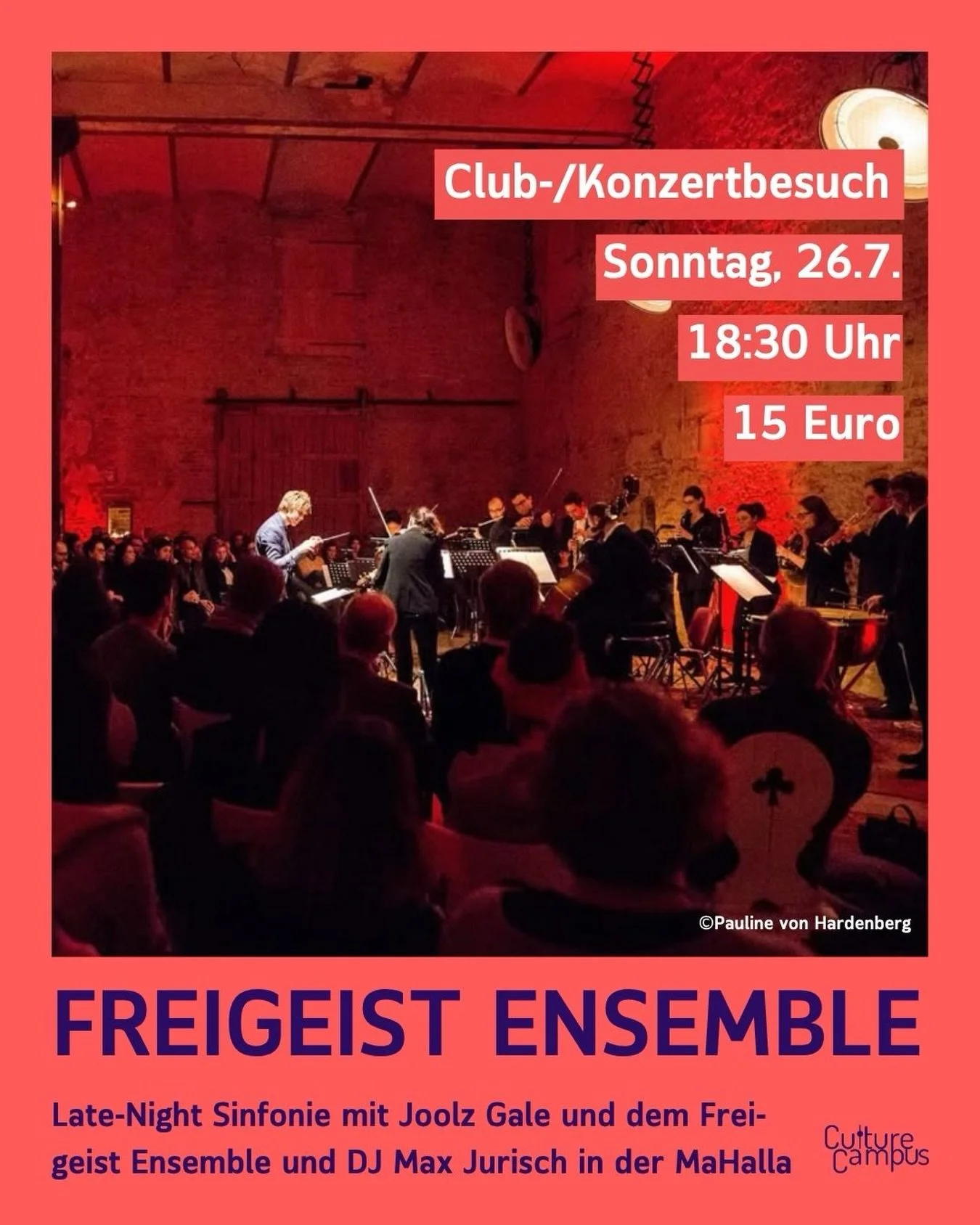 Klassik trifft Club. Und das ist keine Metapher.
Die &bdquo;Supersonic Solisten&rdquo; des Freigeist Ensemble bringen sp&auml;tromantische Sinfonik f&uuml;r Kammerorchester an ungew&ouml;hnliche Orte. Dieses Mal in die Mahalla Berlin, eines der aufre