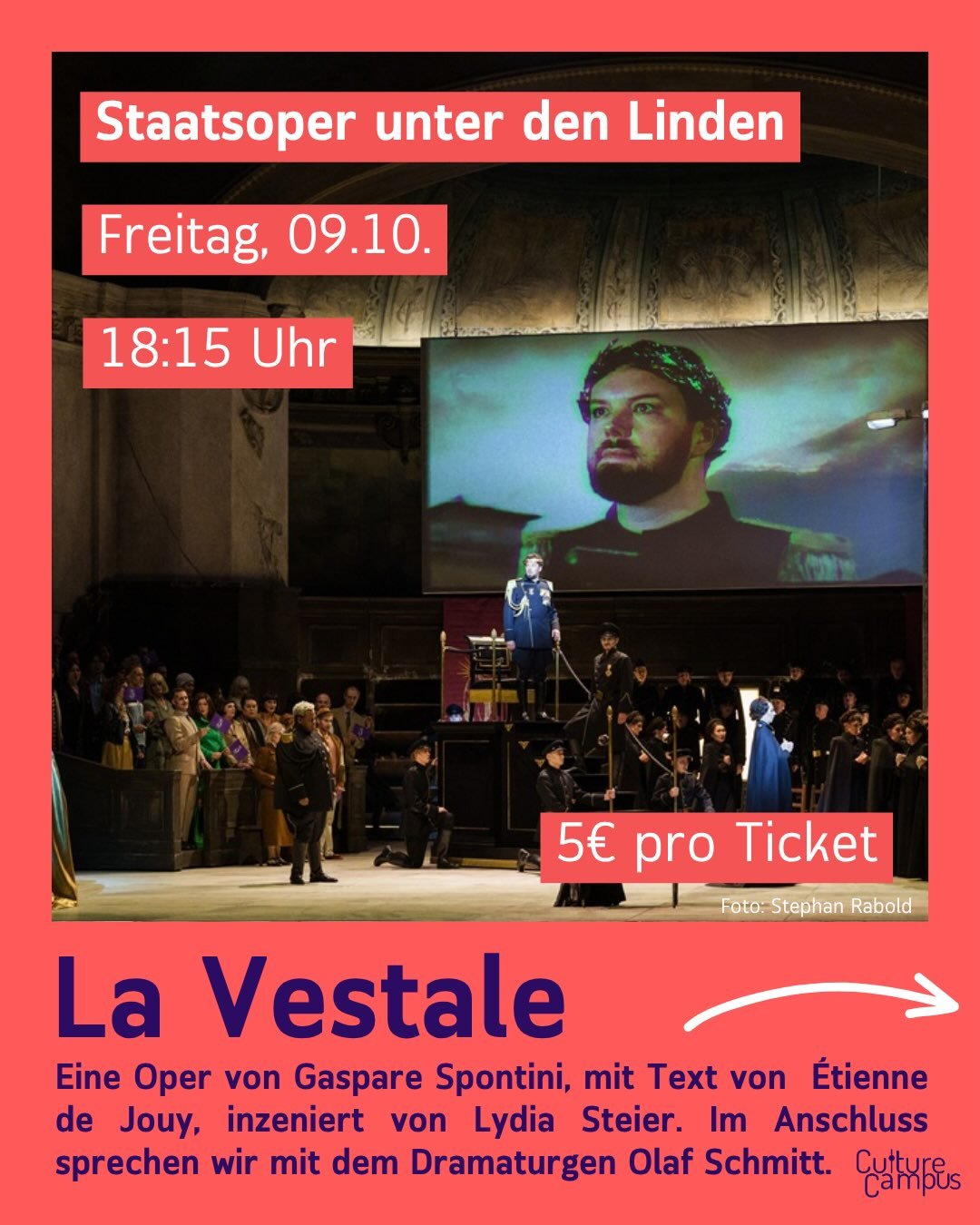 Verbotene Liebe, religi&ouml;se Macht und ein System, das keinen Raum f&uuml;r Freiheit l&auml;sst: Am 09.10. gehen wir gemeinsam in die Staatsoper und schauen La Vestale von Gaspare Spontini.

Die Oper von 1807 erz&auml;hlt von Julia, die als Vestal
