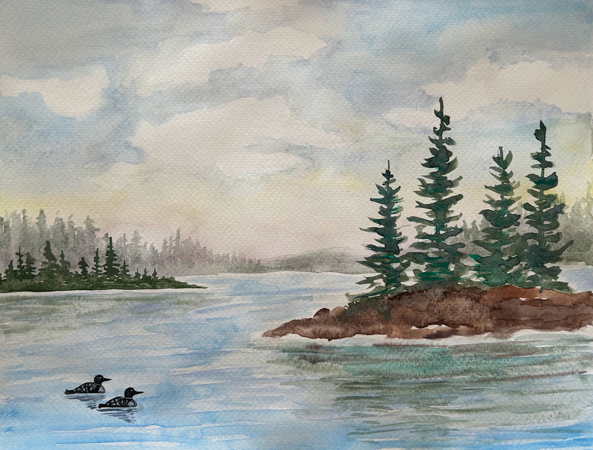 Watercolor painting of a landscape with a river, pine trees, and two ducks swimming in the water under a cloudy sky.