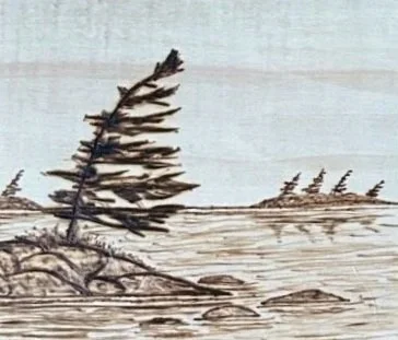 A watercolor painting of a windswept landscape with a leaning pine tree in the foreground, a body of water, and distant trees in the background.