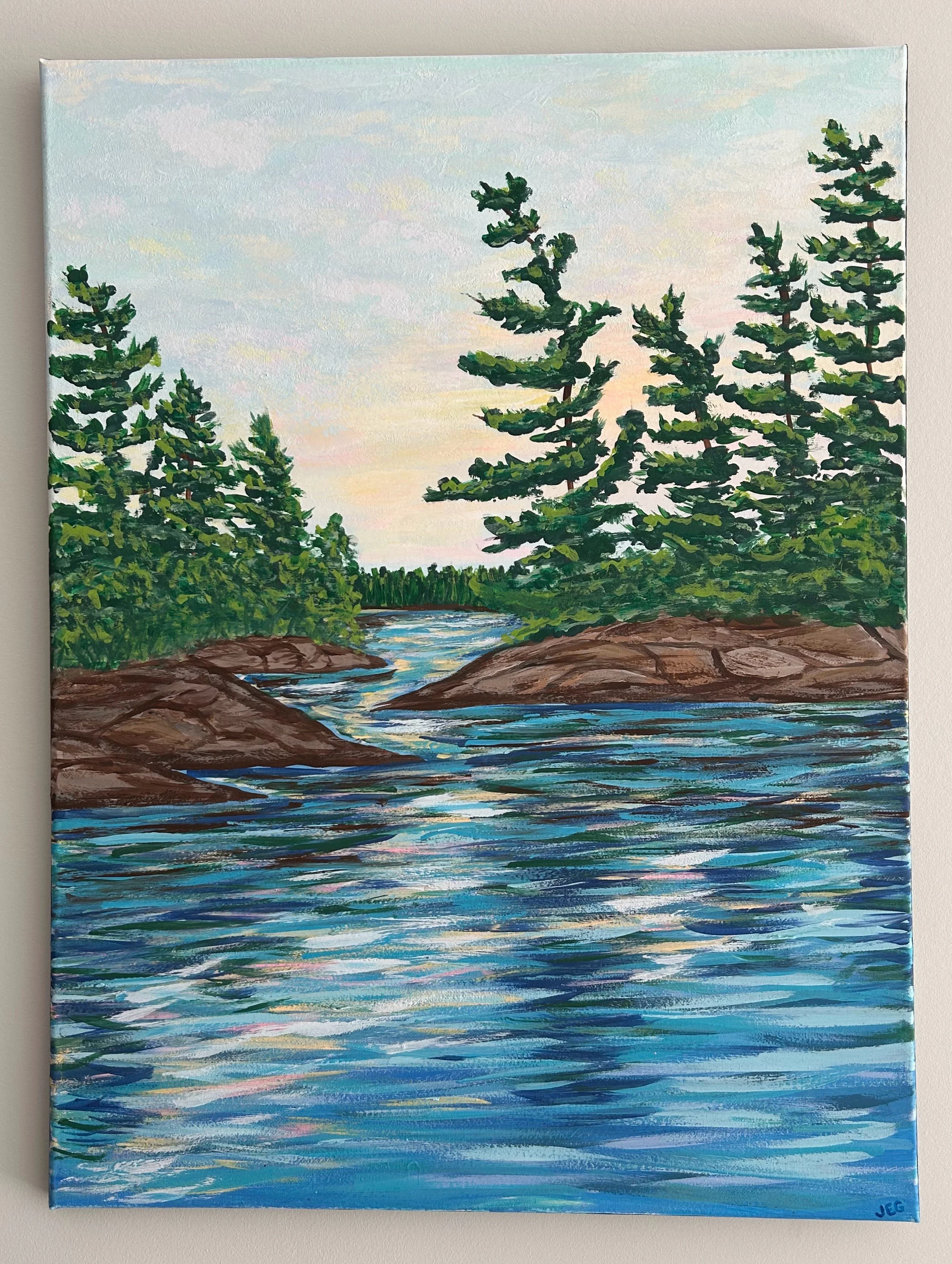Painting of a river flowing through rocks with tall pine trees on either side and a pastel sky in the background.