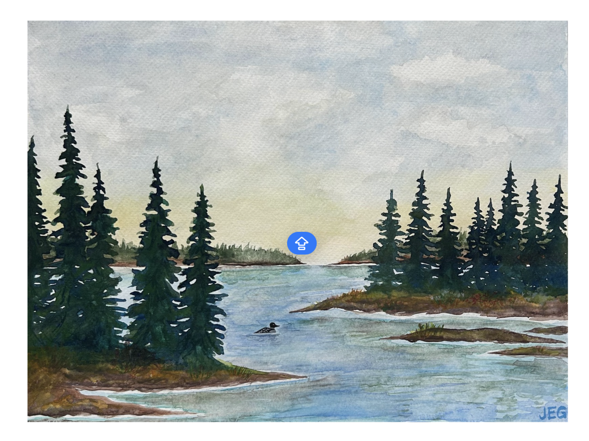 Waterfront scene with pine trees on small islands, ducks swimming, and a cloudy sky overhead, painted in watercolor style.