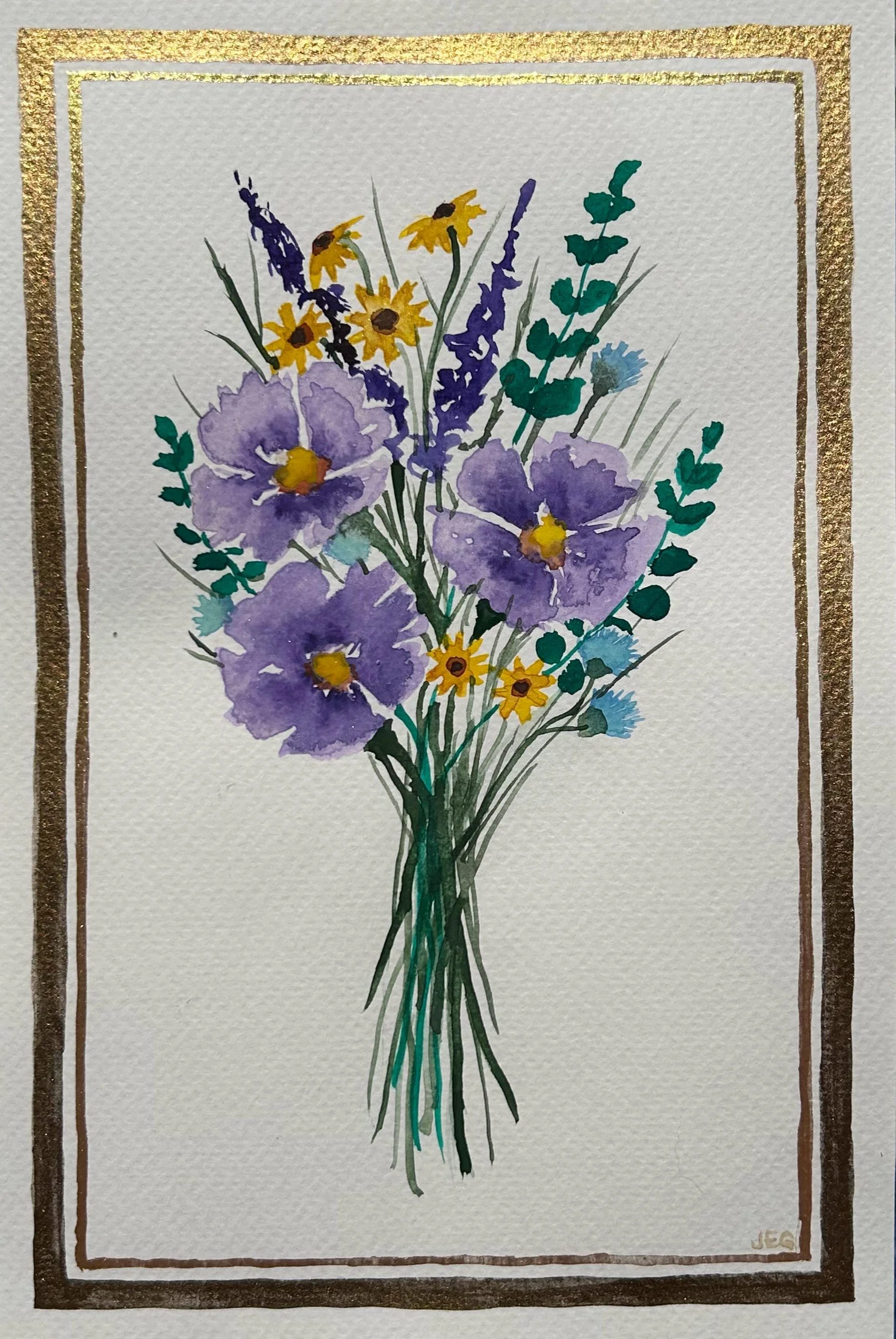 Watercolor painting of a bouquet of flowers including purple poppies, yellow daisies, and green foliage, framed with a gold and brown border.