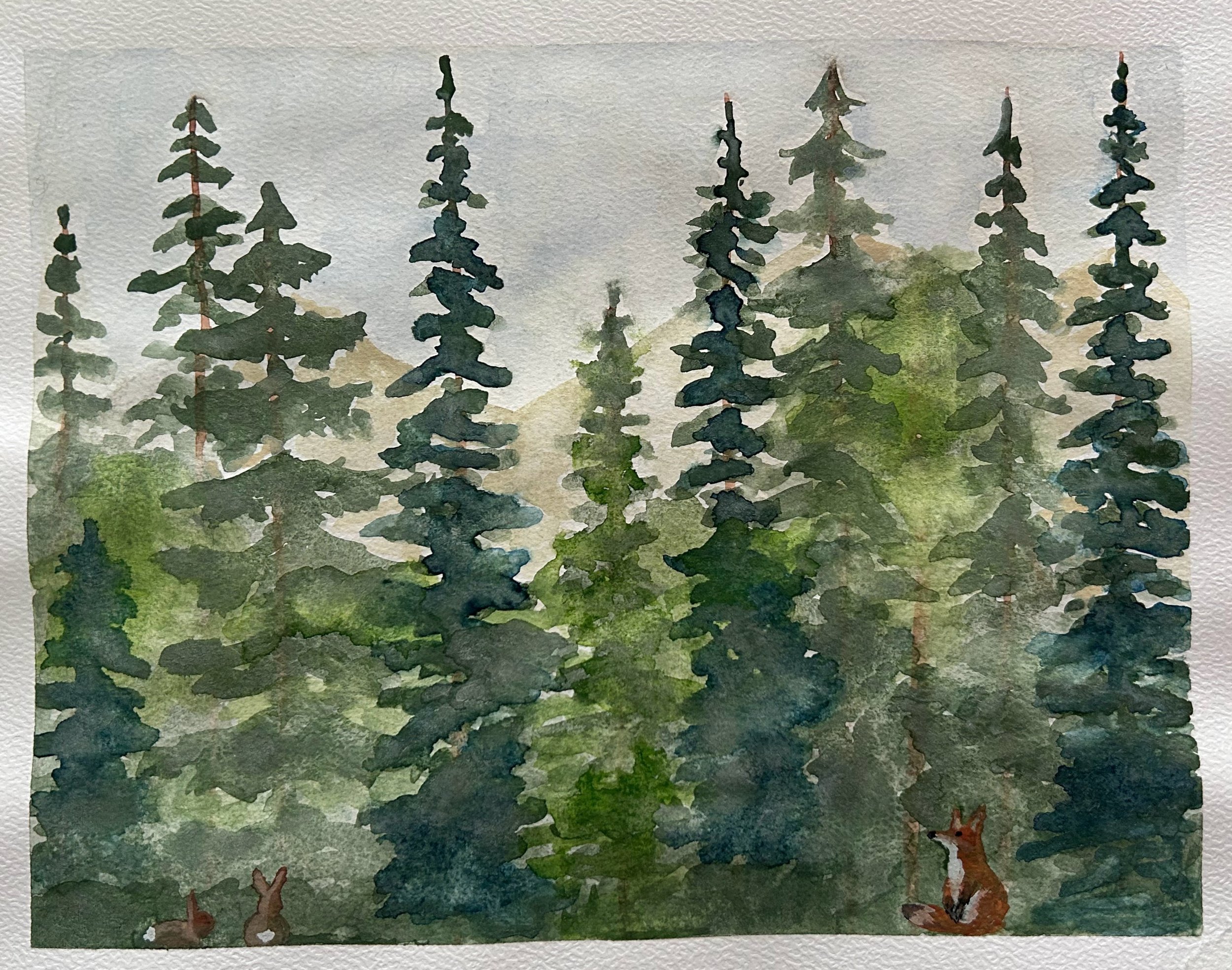 Watercolor painting of a mountain landscape with evergreen trees and two deer in the foreground.