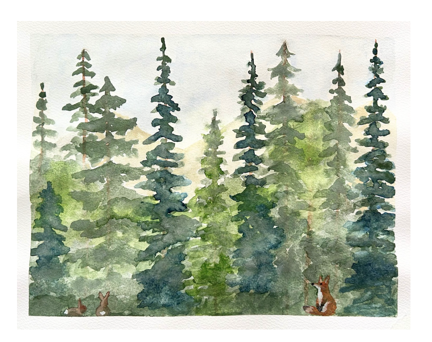 Watercolor painting of a forest with tall pine trees and two small animals, possibly rabbits, on the ground.