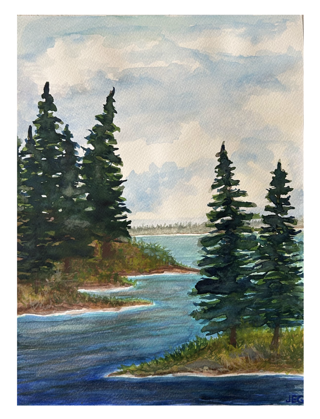 Watercolor painting of a river flowing past a shoreline with evergreen trees, with a cloudy sky overhead.