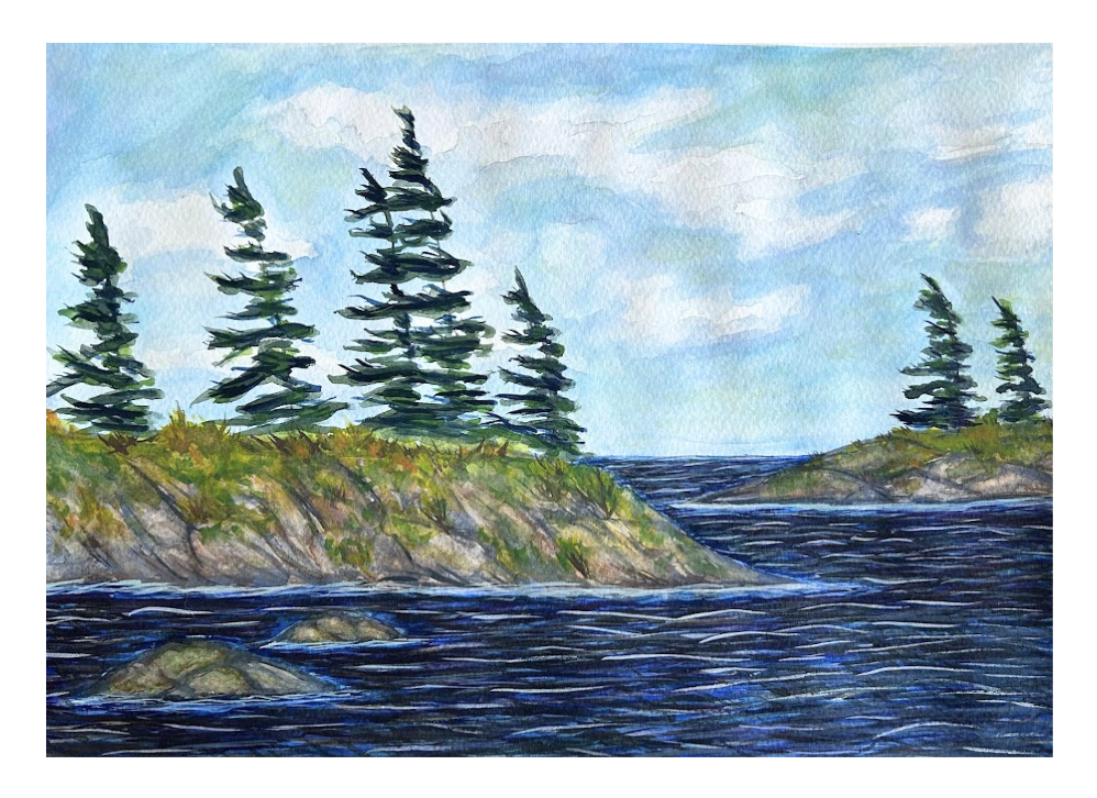 Waterfront scene with evergreen trees on rocky cliffs and a blue sky with clouds.