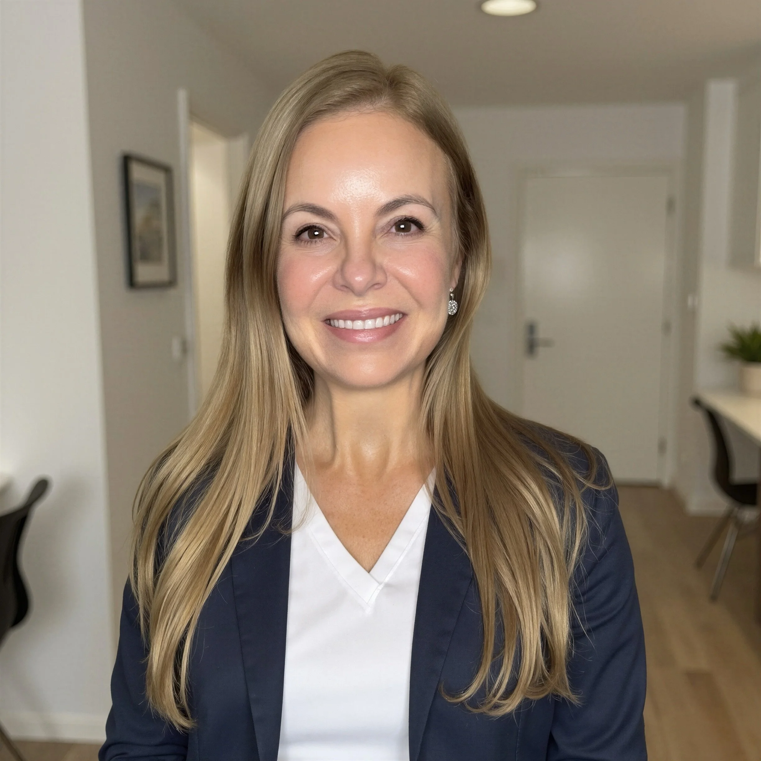 Close-up of a smiling woman with long blonde hair, wearing earrings, a white blouse, and a navy jacket, in a professional office setting.