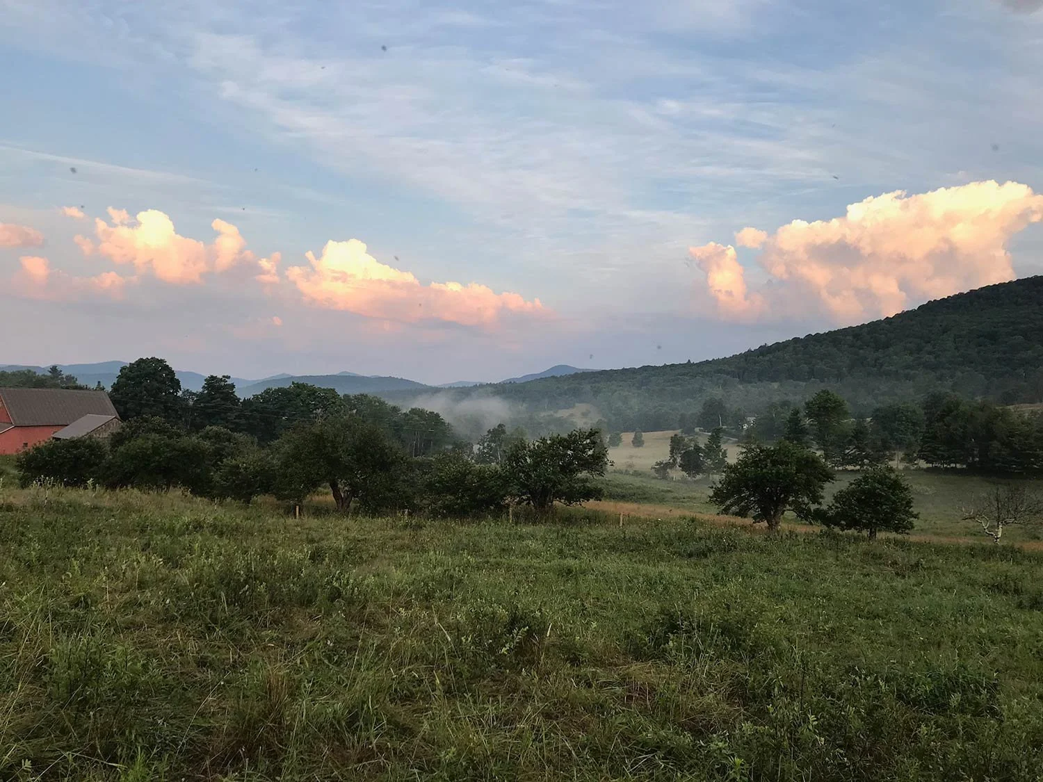 A rural landscape with grassy fields, scattered trees, and a red barn in the distance, with rolling hills and mountains under a partly cloudy sky.