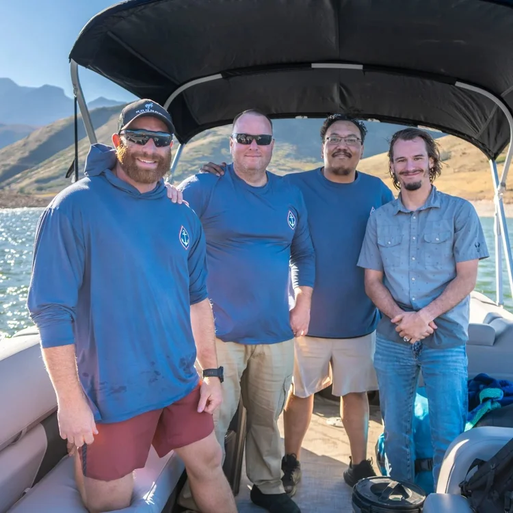The Fathom crew on the boat at Deer Creek in Protect Utah's Lakes shirts. Photo: Jonathan Herrera, The Park Record