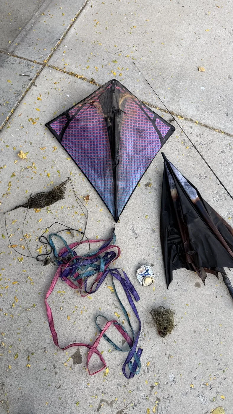 A kite, an umbrella and a Diet Pepsi can laid out after the Strawberry Reservoir dive, October 10, 2026