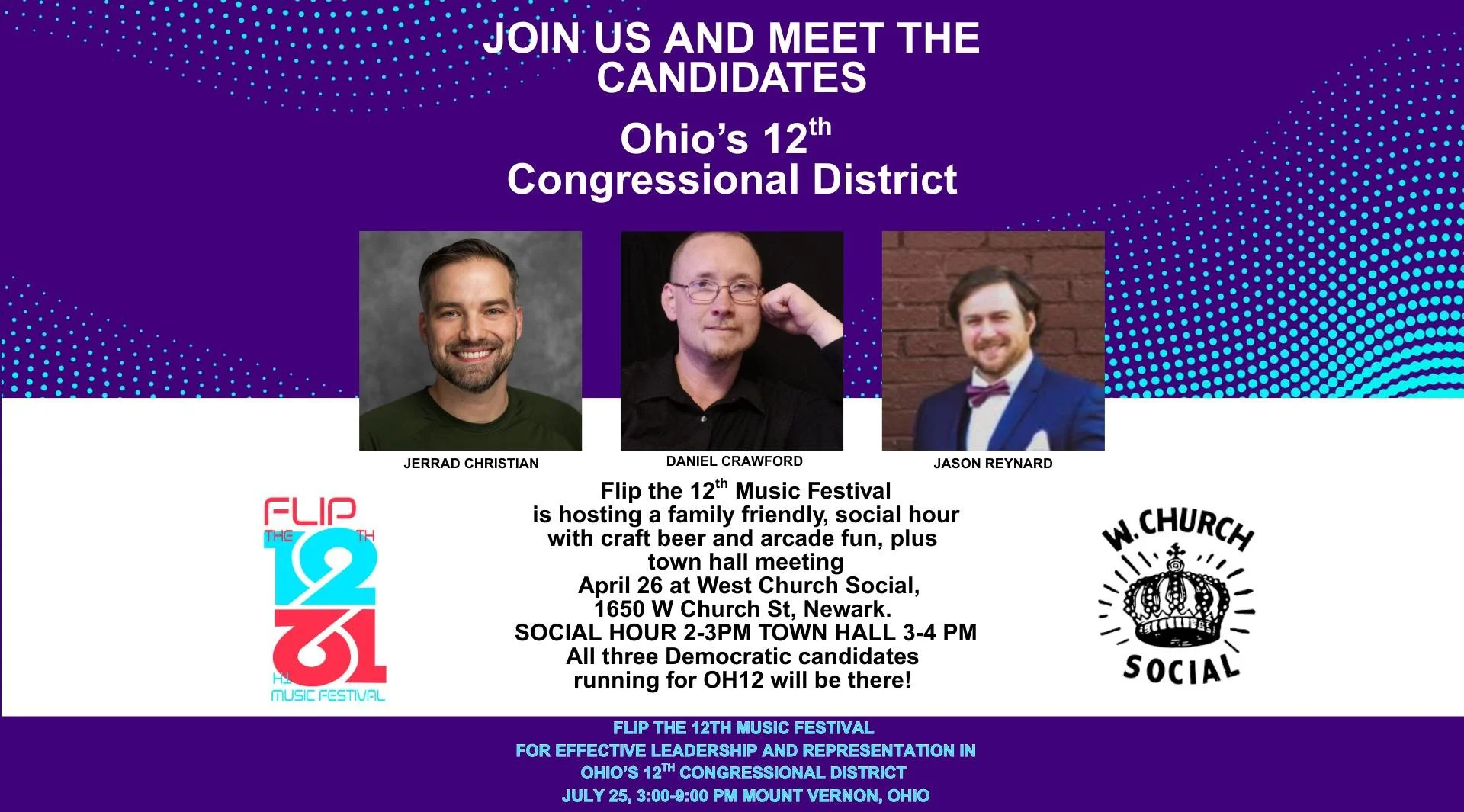 Stop by West Church Social on 4/26 to meet the three Democratic candidates running for US Congress in OH12. The winner in May will go against Balderson in November. Unfortunately, Balderson is not available for the event.

@jerrad.christian @troybald