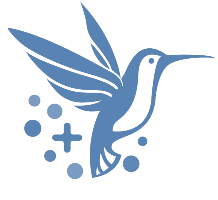 Illustration of a stylized blue hummingbird with several small circles and crosses around it.