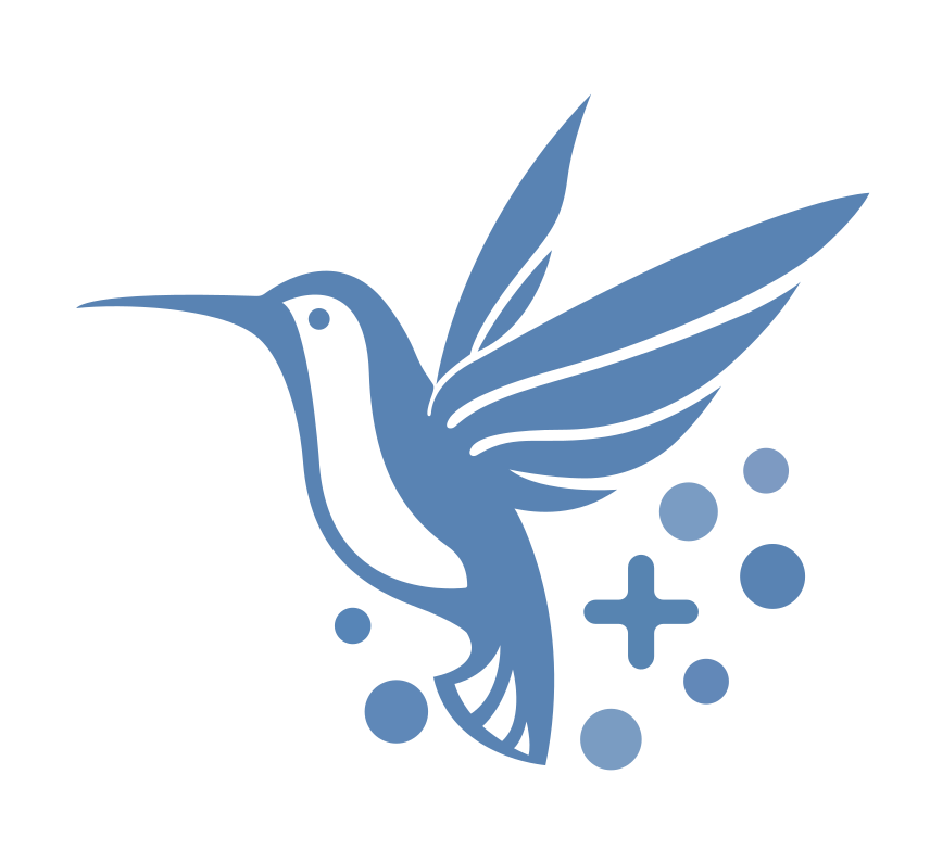 Blue illustration of a hummingbird flying with bubbles and a plus sign nearby.