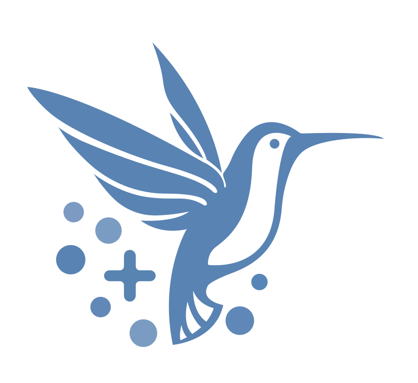 Blue stylized hummingbird with surrounding dots and a plus sign.