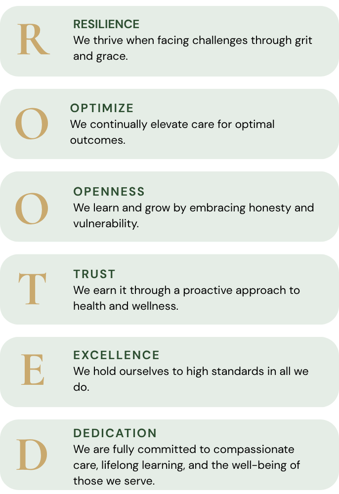 A list of values with initials R, O, O, T, E, D in large gold letters, each followed by terms like Resilience, Optimize, Openness, Trust, Excellence, Dedication, with descriptive sentences about facing challenges, care, honesty, trust, high standards, and compassion.