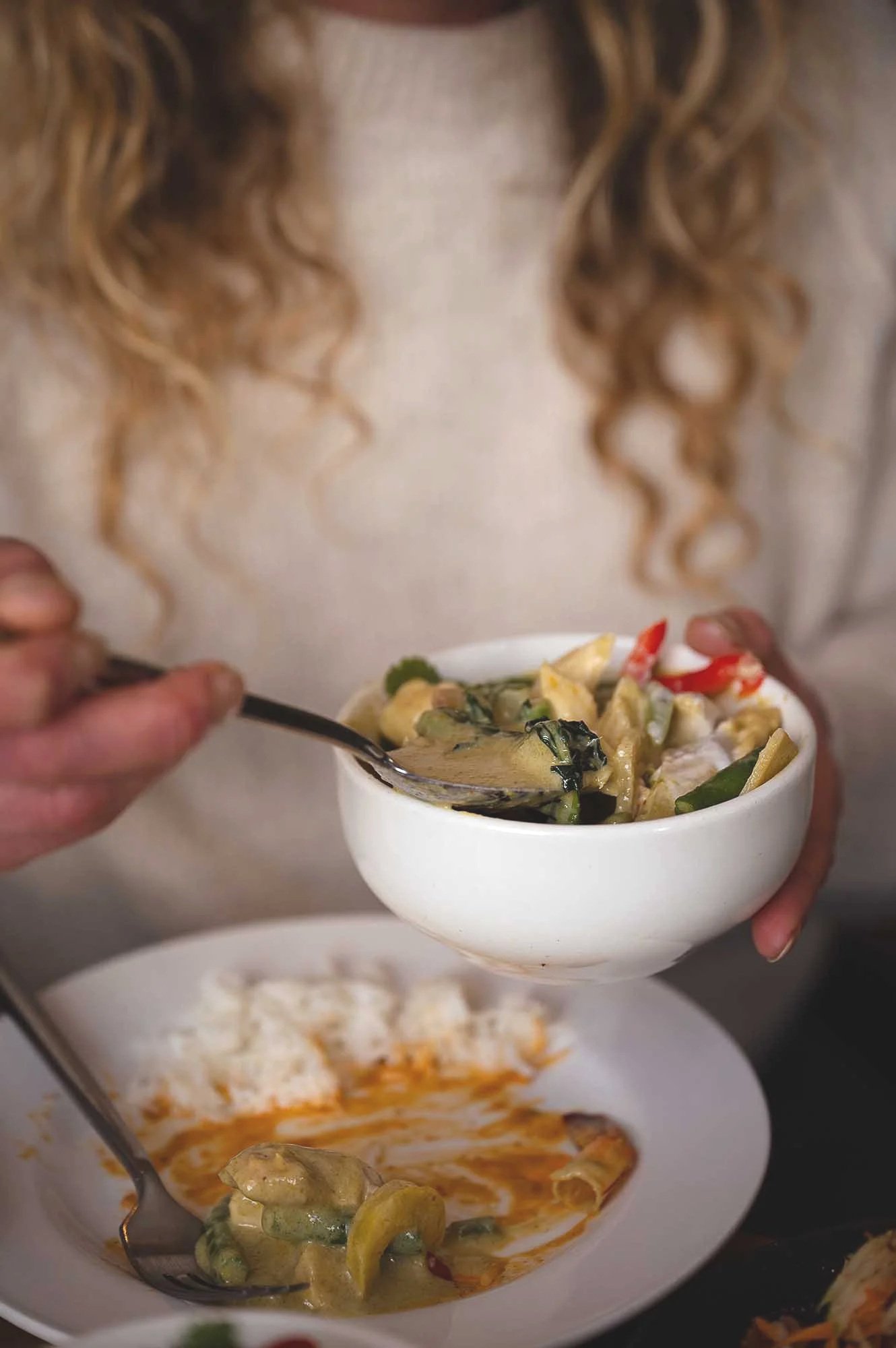 Green Thai Curry being enjoyed at the Tiny Thai in Cornwall