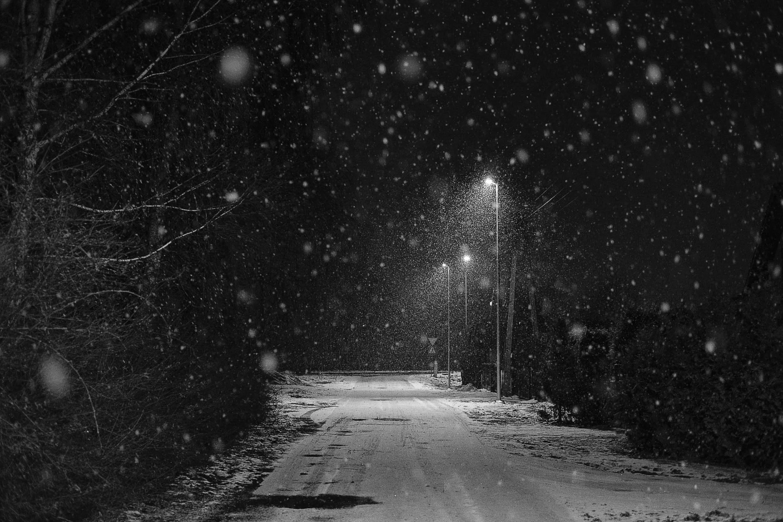 Black and white snowy scene at night with street lamps lighting the way into the dark and snow layered through the scene in Zamosc in Eastern Poland