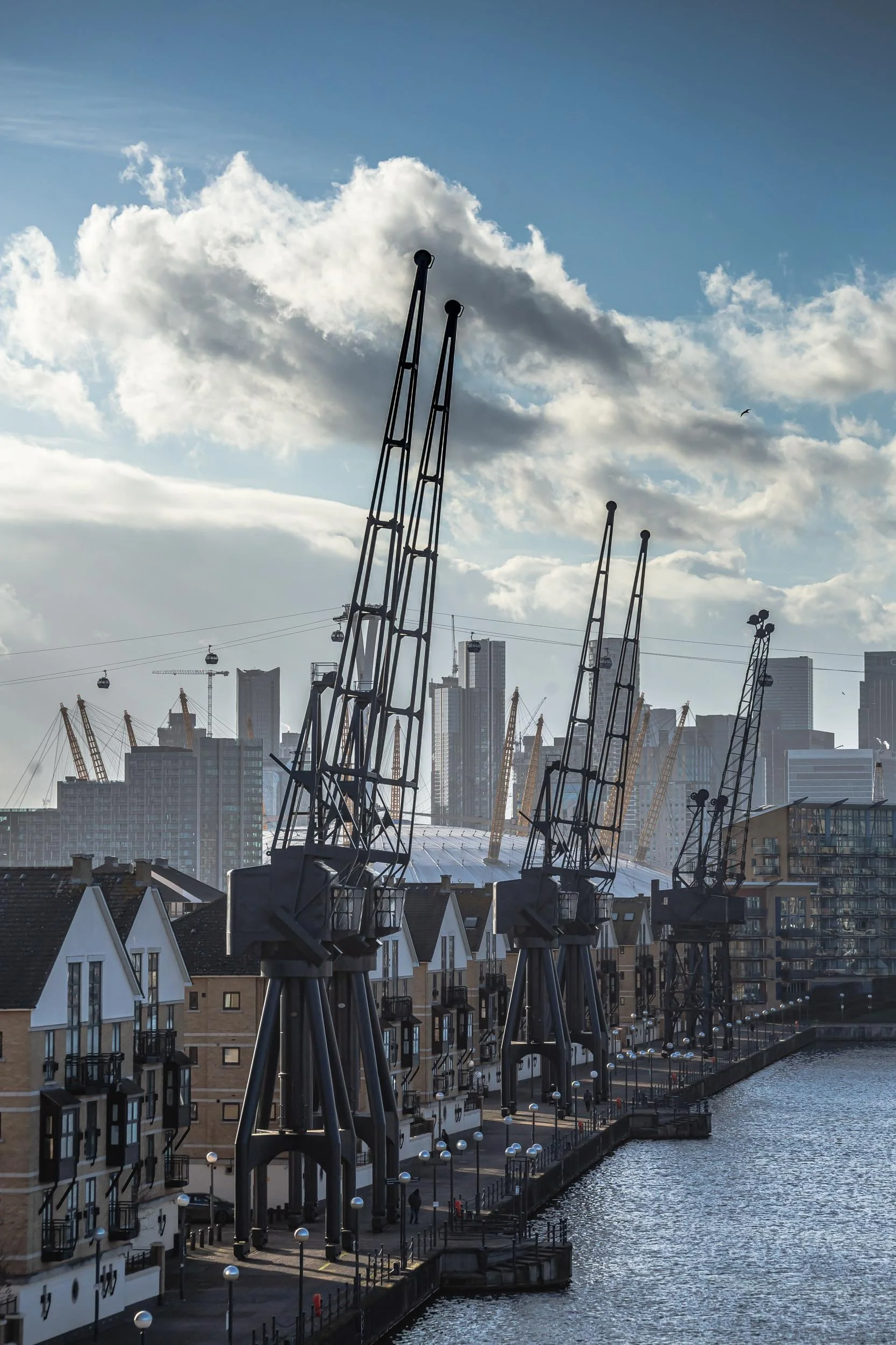 Britannia village in Royal Docks, East London, E16, with a view of the 02 Arena, Canary Wharf.