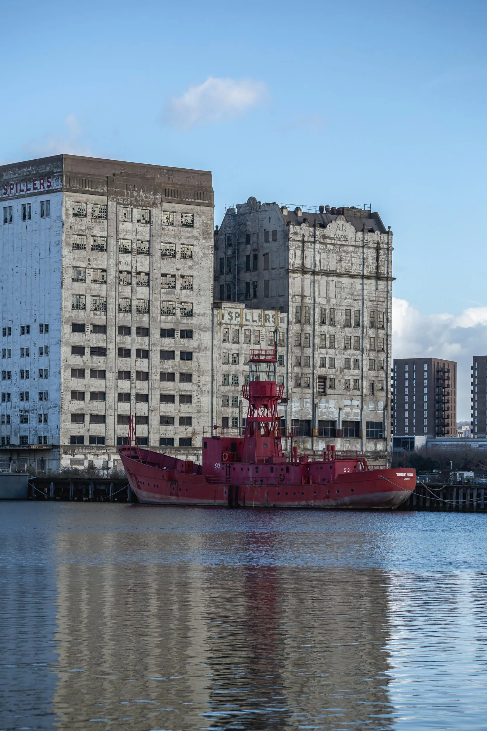 View of the Read Boat and the Spillers building in Royal Docks, East London, E16.