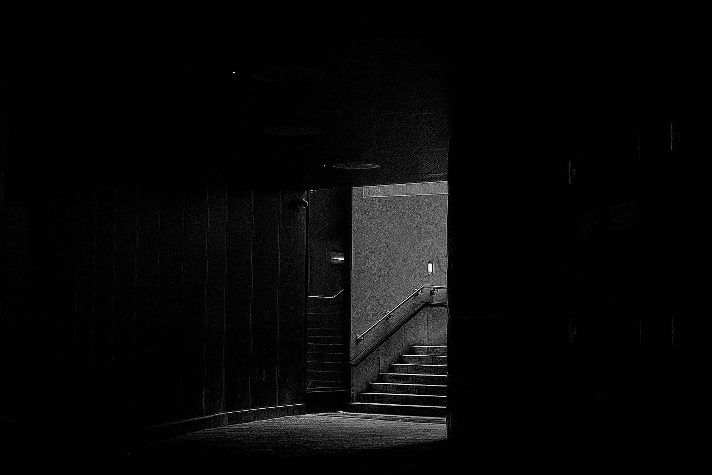 Dark staircase with handrails leading up to a door in a dimly lit corridor in a minimal and moody atmosphere.