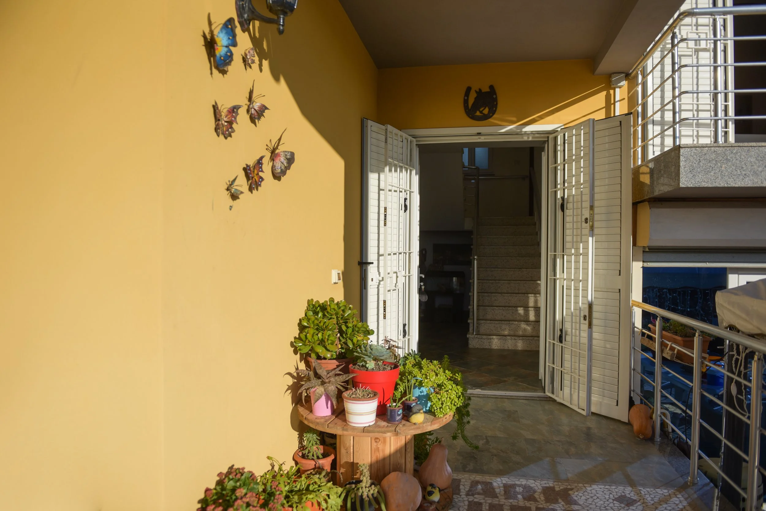 Balcone di un appartamento con pareti di colore giallo e decorazioni di farfalle di metallo sulla parete. Sul terrazzino ci sono molte piante in vasi di vari colori e forme, e una sedia di legno. La porta di ingresso è aperta con grate di sicurezza. 